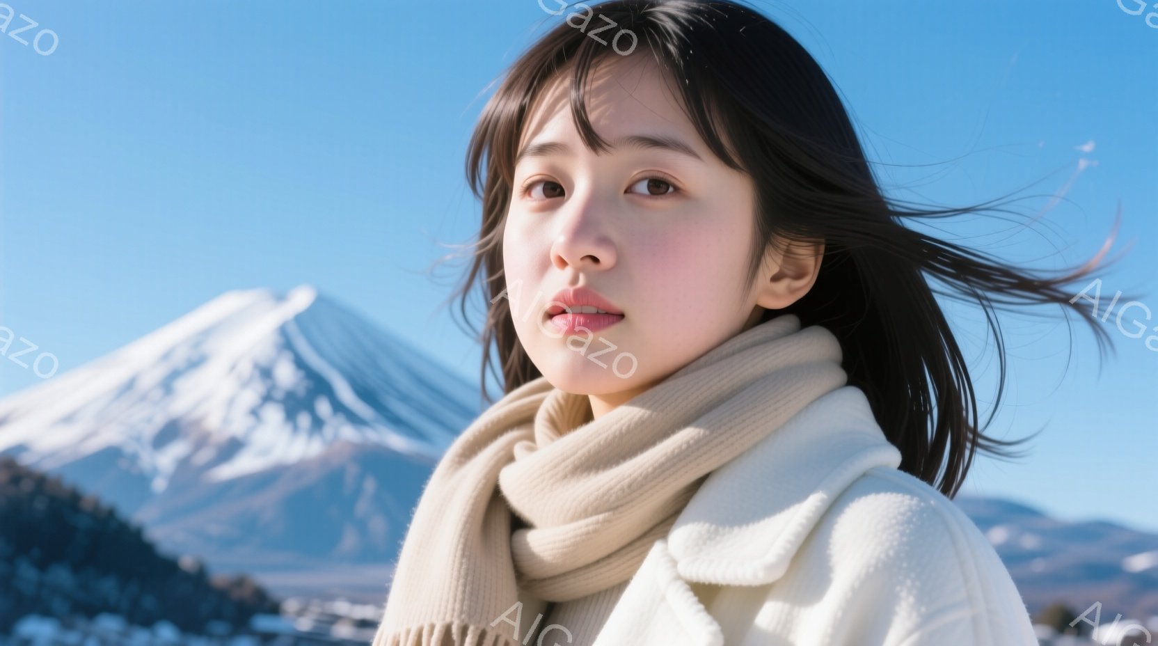 黒髪の女性が、白いセーターとクリーム色のマフラーを身につけて正面を見据えています。彼女の髪は風になびき、少し微笑んだ表情で、穏やかで自然な雰囲気を醸し出しています。背景には雪を抱いた富士山がそびえ立ち - AI生成フリー素材
