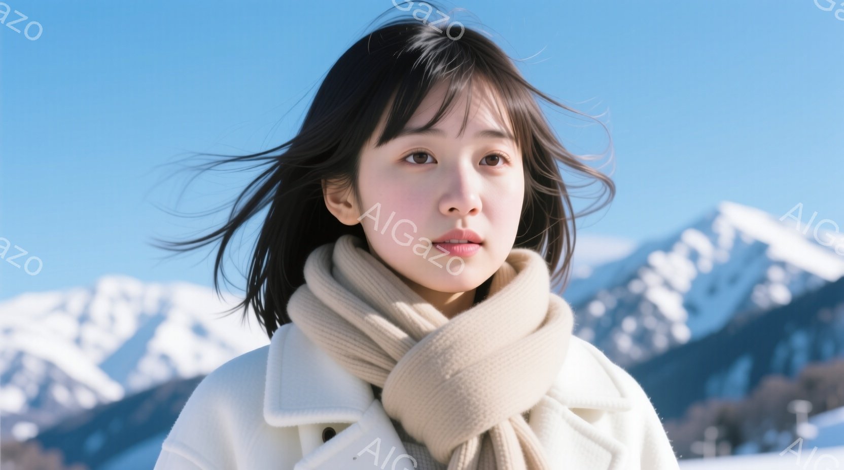 浅黒い髪を肩のあたりで切り揃えた若い女性が写っている。白いコートに淡いベージュのニットのショールを巻き、わずかに微笑んでいる。背景には雪をまとった山々が広がり、晴天の下で冬の風景が広がっている。