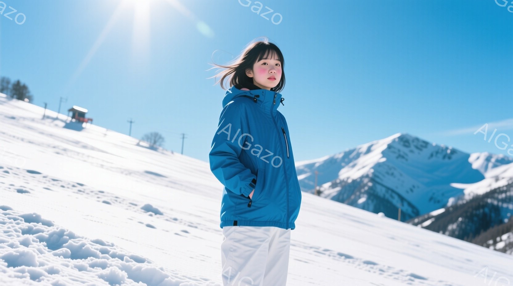雪山を背景に、青いジャケットと白いズボンを着用した若い女性が立っている。彼女は少し横を向き、遠くを見つめ、穏やかな表情をしている。背景には雪に覆われた山々が広がり、晴天の下、強い日差しが降り注いでいる。