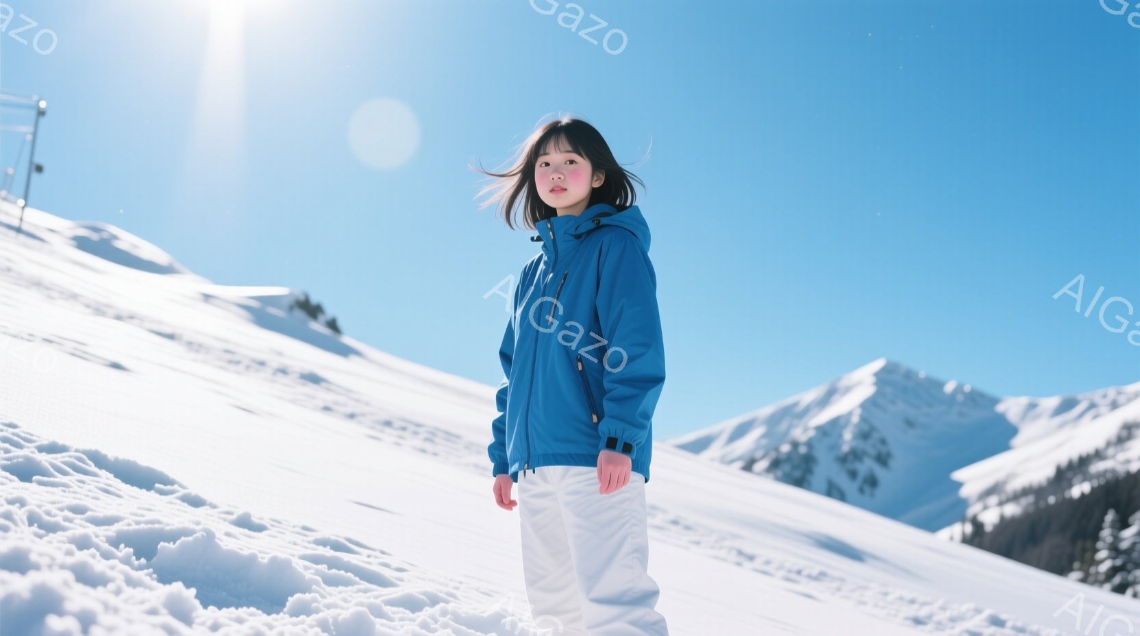 雪山を背景に、青いジャケットと白いズボンを着用した女性が立っている。彼女は黒髪で、少し微笑んでいるように見える。背景には雪を頂いた山々と青空が広がり、晴天で明るい雰囲気が漂っている。 - AI生成フリー素材