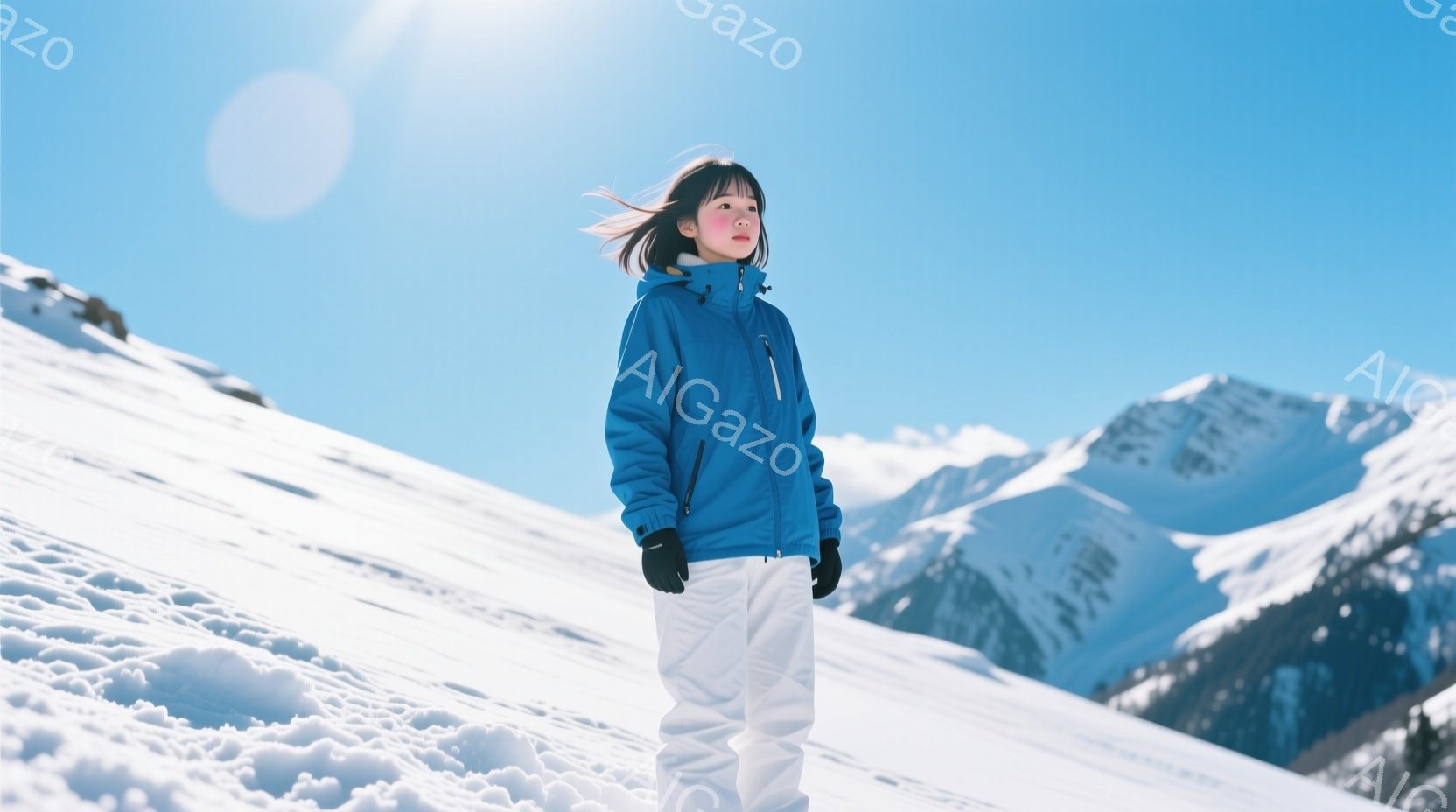 雪山を背景に、青いジャケットと白いズボンを着用した若い女性が立っている。彼女は黒い手袋を着用し、髪は風になびいており、顔は少し上を見上げているように見える。晴天の下、雪に覆われた山々が広がり、爽やかで - AI生成フリー素材