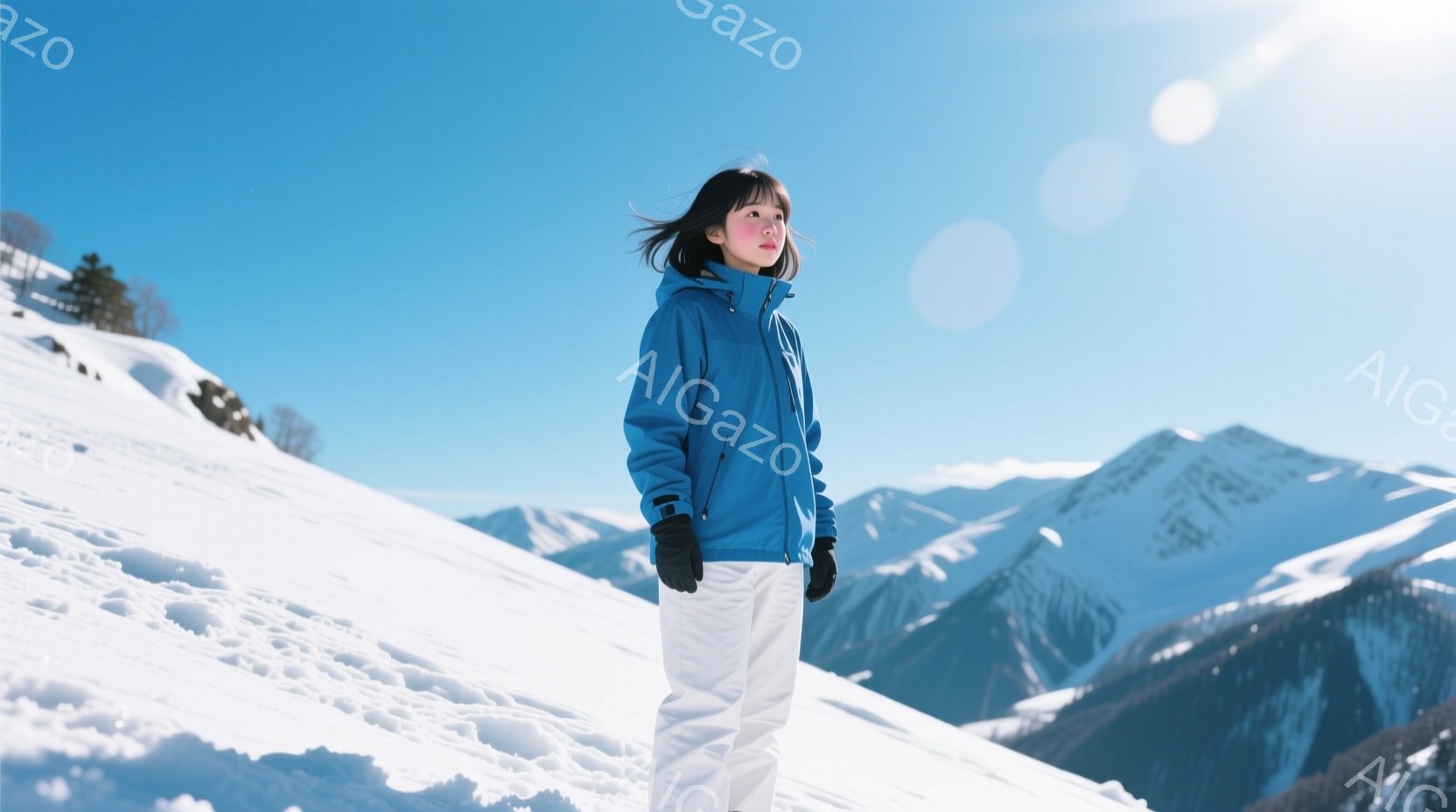 雪山を背景に、青いジャケットと白いズボンを身につけた女性が立っている。彼女は少し微笑んでおり、軽く前を向いている。背景には雪に覆われた山々が広がり、晴天で光が反射しているため、爽やかで開放的な雰囲気が漂っている。