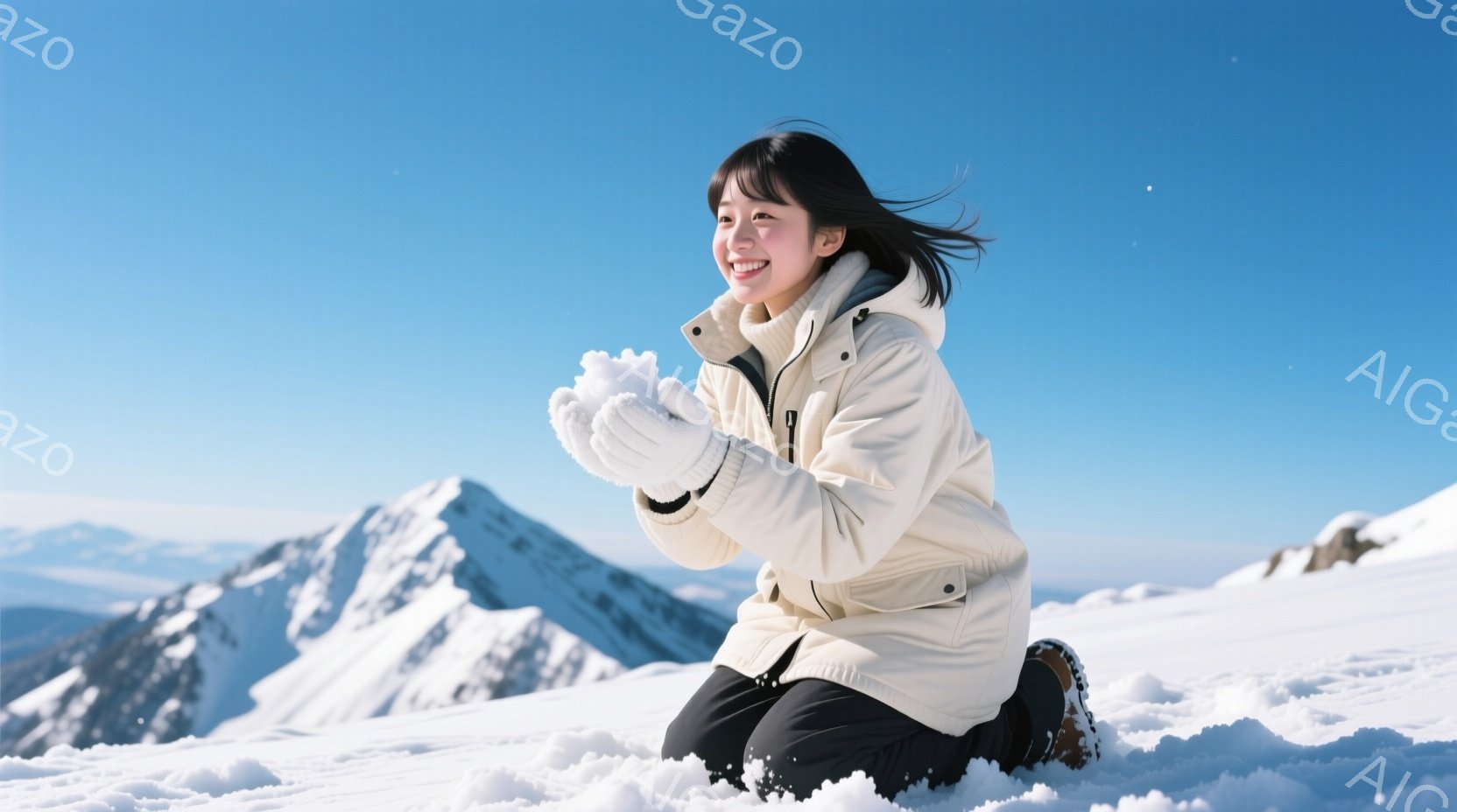 白い冬のジャケットと黒いズボンを着用した女性が、雪の上に膝をついて雪玉を作っています。彼女は微笑んでおり、髪は風になびいています。背景には雪山が連なり、晴れた青空が広がっていて、冬の爽やかな雰囲気が漂います。