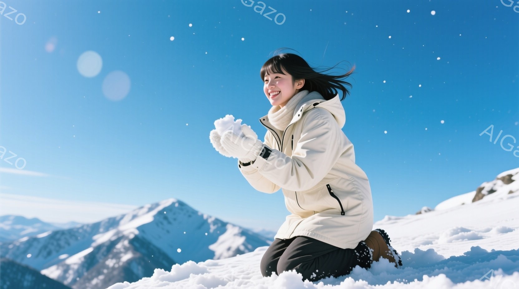 白いスキーウェアに黒いズボンを着用した女性が、雪の上でうずくまり、両手に雪玉を作っています。彼女は微笑んでおり、顔には喜びが表れています。背景には雪を抱く山々が広がり、晴れた青空の下、粉雪が舞う冬の景色が広がっています。