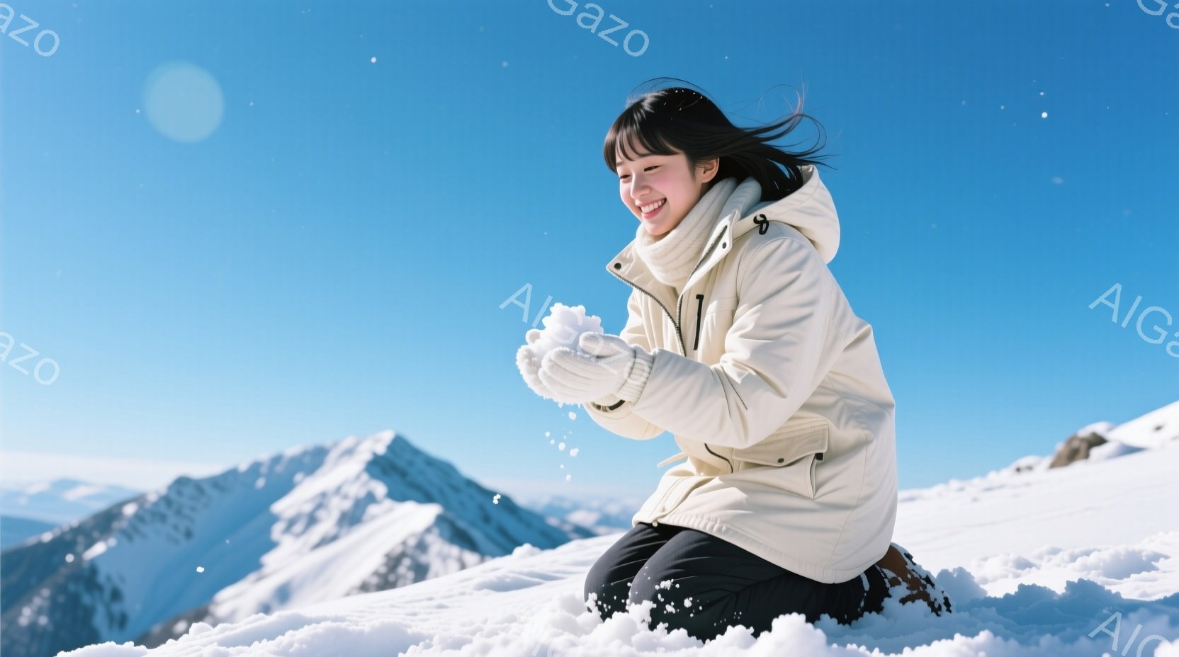白いダウンジャケットを着て、黒いズボンを履いた女性が雪の中でひざまずいている。彼女は満面の笑みを浮かべ、両手に雪玉を握り、楽しんでいる様子がうかがえる。背景には雪をまとった山々が広がり、晴天の下、青空 - AI生成フリー素材