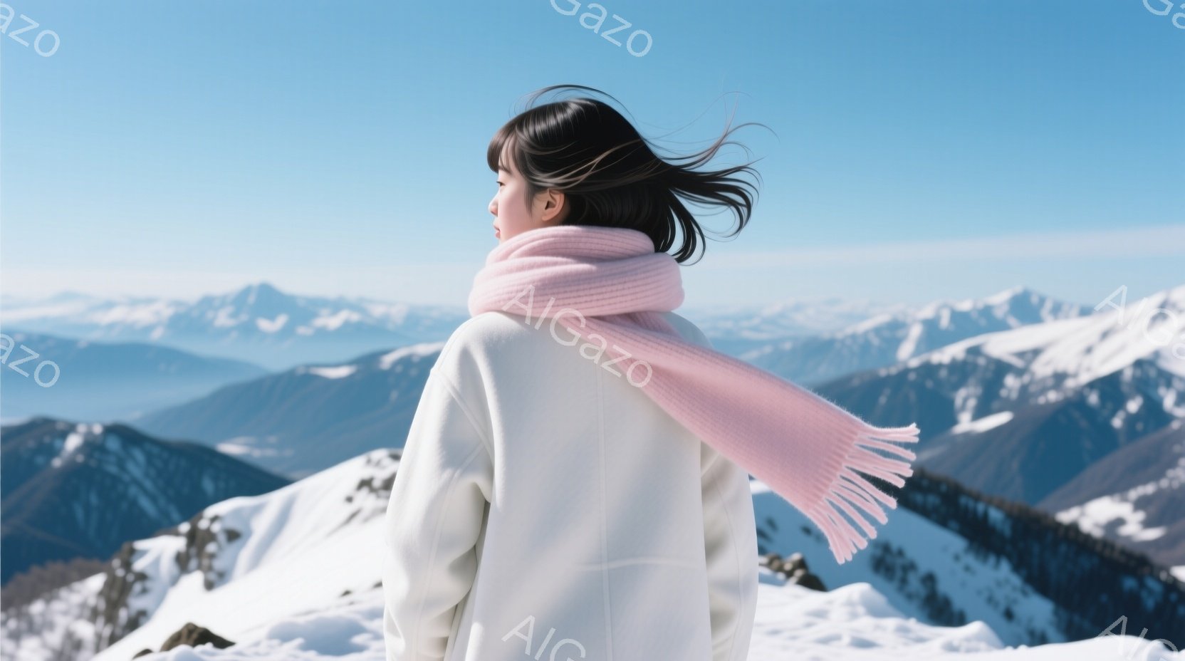 白いコートを着た女性が、ピンク色のマフラーをなびかせながら雪山を見下ろしている。彼女は黒髪で、後ろ姿のみが映っており、表情ははっきりとはわからないが、静かで穏やかな雰囲気が伝わってくる。背景には雪をま - AI生成フリー素材
