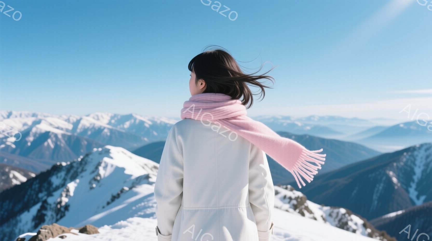 白いコートにピンク色のマフラーを巻いた女性が、雪山を背景に立っている。彼女は後ろ姿で、髪が風になびいている。背景には、雪を頂いた山々が連なり、晴天の下、爽やかな冬の景色が広がっている。 - AI生成フリー素材
