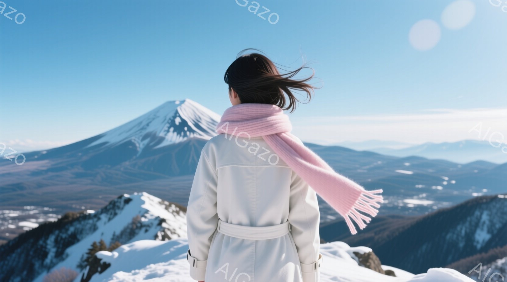 白いコートを着た女性が、ピンク色のマフラーを風になびかせながら山頂に立っている。背景には雪をまとった山々が広がり、遠くには富士山がそびえ立っている。澄んだ青空と雪景色が、静かで穏やかな冬の雰囲気を醸し出している。