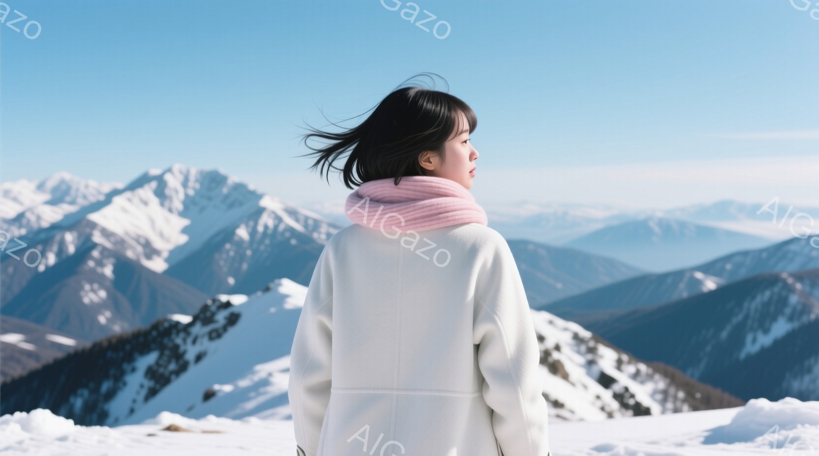 白いコートとピンクのネックウォーマーを身に着けた女性が、雪山を背景に立っている。髪は肩にかかる長さで、風になびいている。背景には雪をまとった山々が連なり、晴天の下、静かで荘厳な雰囲気が漂っている。