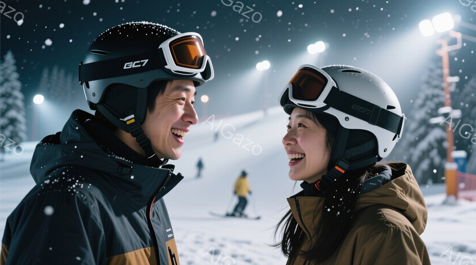 スキーウェアを着た男女が互いを見つめ合い、満面の笑みを浮かべている。男性は黒と茶色のジャケット、女性はベージュと茶色のジャケットを着ており、共に白いヘルメットとゴーグルを着用している。背景には雪が降り - AI生成フリー素材