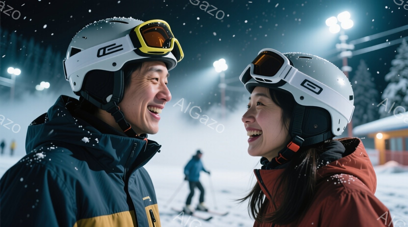 ゲレンデでスキーウェアとゴーグルを着用した男女が互いに微笑み合っています。男性は黒と黄色のスキーウェア、女性は赤色のスキーウェアを着ており、ヘアスタイルはゴーグルで隠れていますが、表情からは楽しさが伝 - AI生成フリー素材