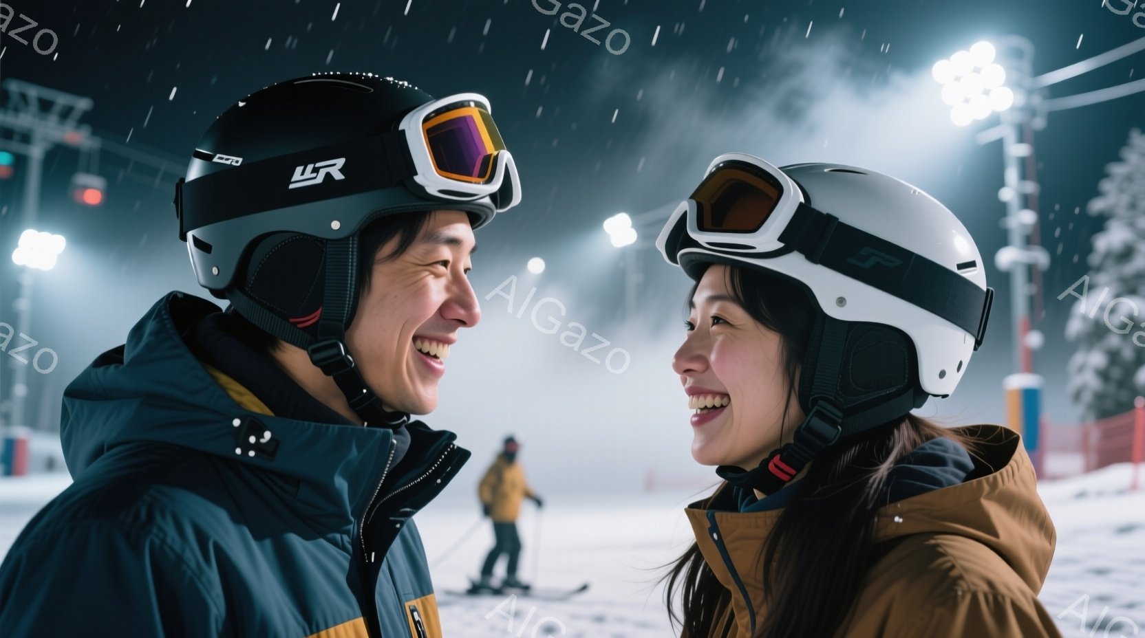 スキー場で微笑み合う男女が写っています。男性は黒いスキーウェアに白いヘルメット、女性はベージュのスキーウェアに白いヘルメットを着用し、共に満面の笑みを浮かべて互いを見つめています。背景には雪が降り積も - AI生成フリー素材
