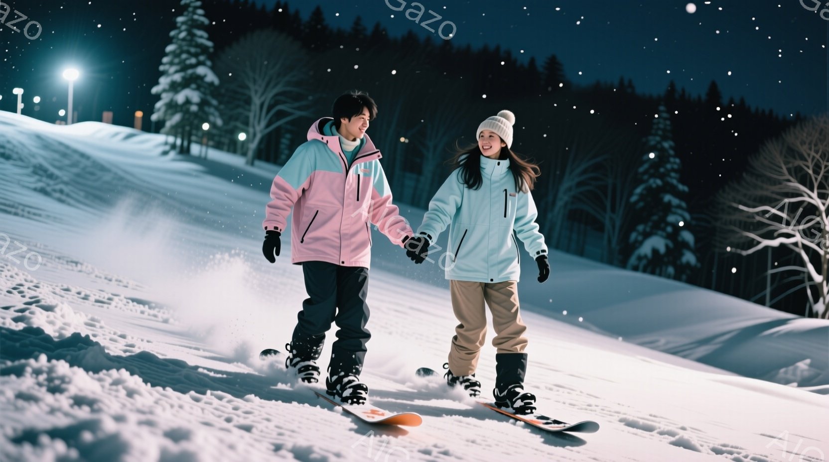 雪山をスノーボードで滑る若い男女が描かれています。男性はピンクと紫のジャケットに黒いズボン、女性は水色のジャケットにベージュのズボンを着用し、ともに黒い手袋とブーツを履いています。背景には雪に覆われた - AI生成フリー素材