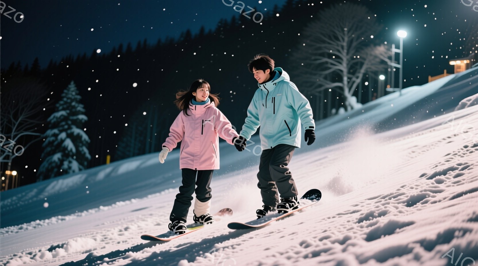 雪山を男女が手をつないでスノーボードを楽しんでいる様子が写っている。女性はピンクのジャケットと黒のズボン、男性は水色のジャケットと黒のズボンを着用し、ともに白いブーツを履いている。背景には雪景色と遠く - AI生成フリー素材