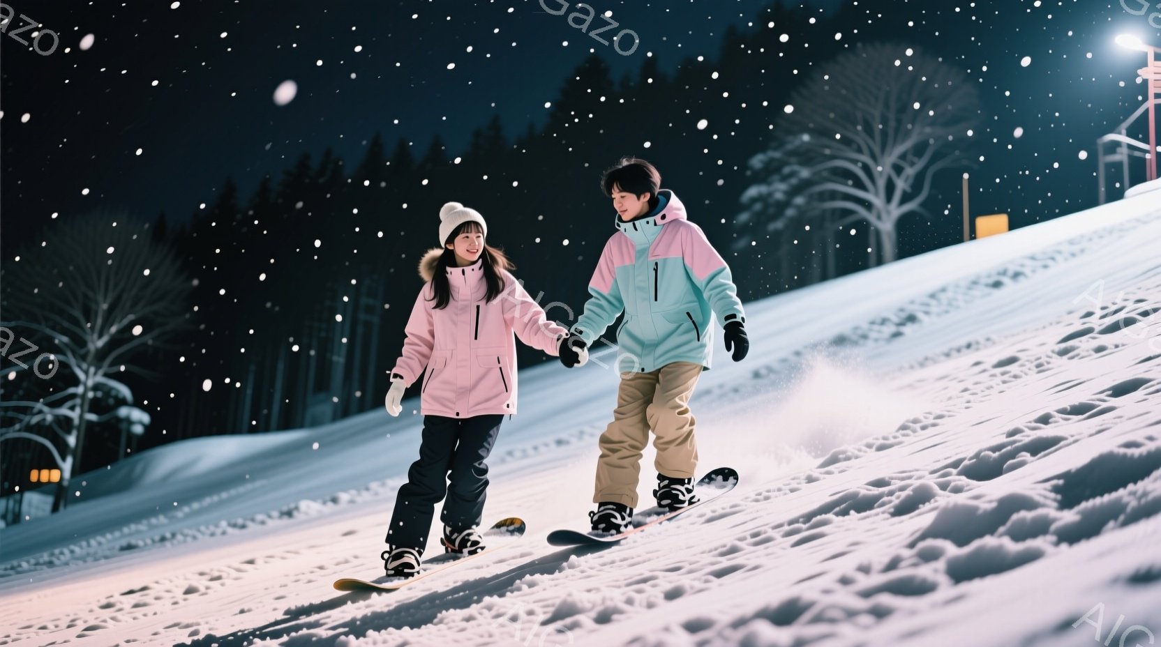 雪山をスノーボードで楽しむ若いカップルが写っています。女性はピンクのジャケットに黒いズボン、白い帽子を着用し、男性は水色のジャケットにベージュのズボンを着ています。二人は手をつなぎ、わずかに傾斜のある - AI生成フリー素材