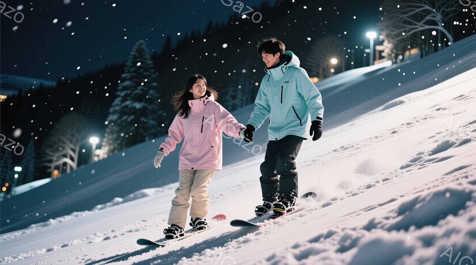 スノーボード場で男女が手をつないで滑っている様子が写っています。女性はピンクのジャケットにベージュのズボン、男性は水色のジャケットに黒のズボンを着用し、どちらもボードを履いています。背景には雪に覆われ - AI生成フリー素材