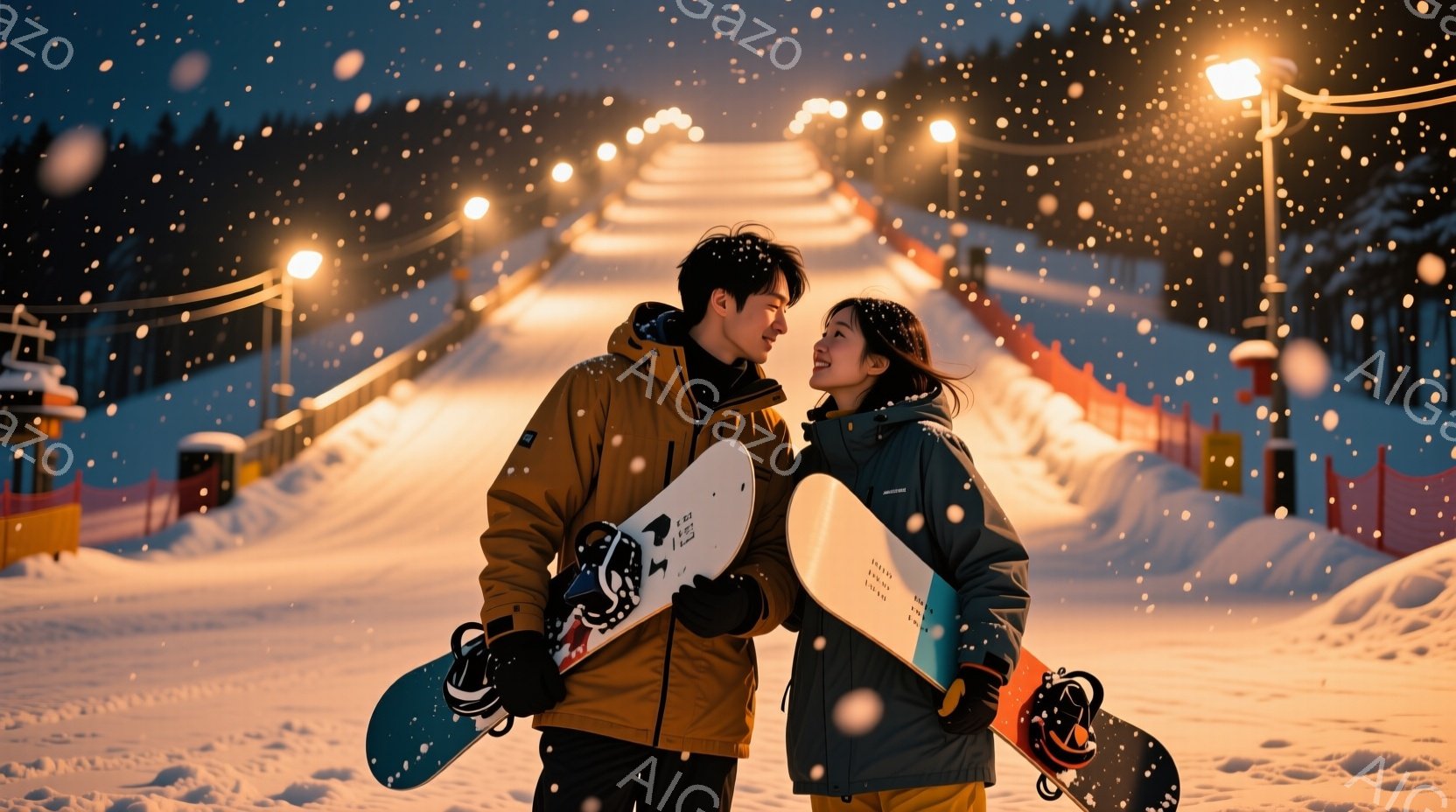 雪が降る夜のスキー場で、若い男女が寄り添って立っている。男性は黒髪で、濃い色のジャケットと黒いズボンを着用し、女性は長い茶髪で、明るい色のジャケットとズボンを身につけている。二人はスノーボードを抱え、互いに微笑み合い、温かく親密な雰囲気を醸し出している。