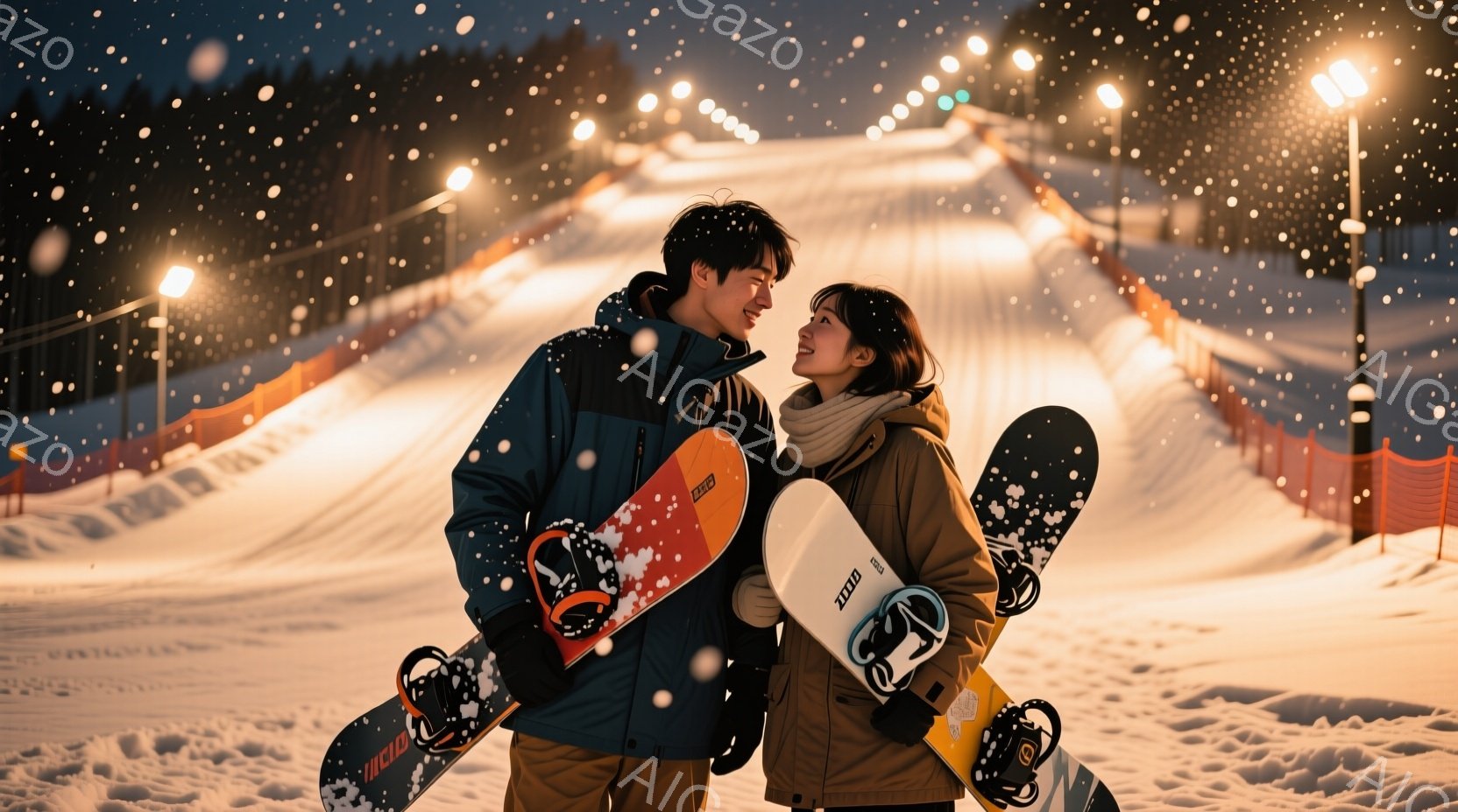 雪が降るスキー場で、若い男女が寄り添って立っている。男性は紺色のジャケットとベージュのパンツ、女性はベージュのジャケットと濃い色のパンツというスキーウェア姿で、それぞれスノーボードを持っている。背景にはライトアップされたゲレンデが広がり、夜の静かな雰囲気が漂っている。