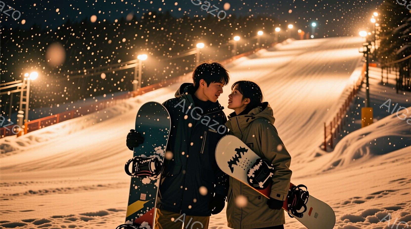 雪が降るスキー場で、若い男女が並んで立っている。男性は黒のジャケットにベージュ色のズボン、女性はオフホワイトのジャケットに濃い色のズボンを着用しており、それぞれスノーボードを持っている。背景には雪に覆われたスキーコースと、ぼんやりとした照明が設置されている夜の風景が広がり、ロマンチックな雰囲気を醸し出している。