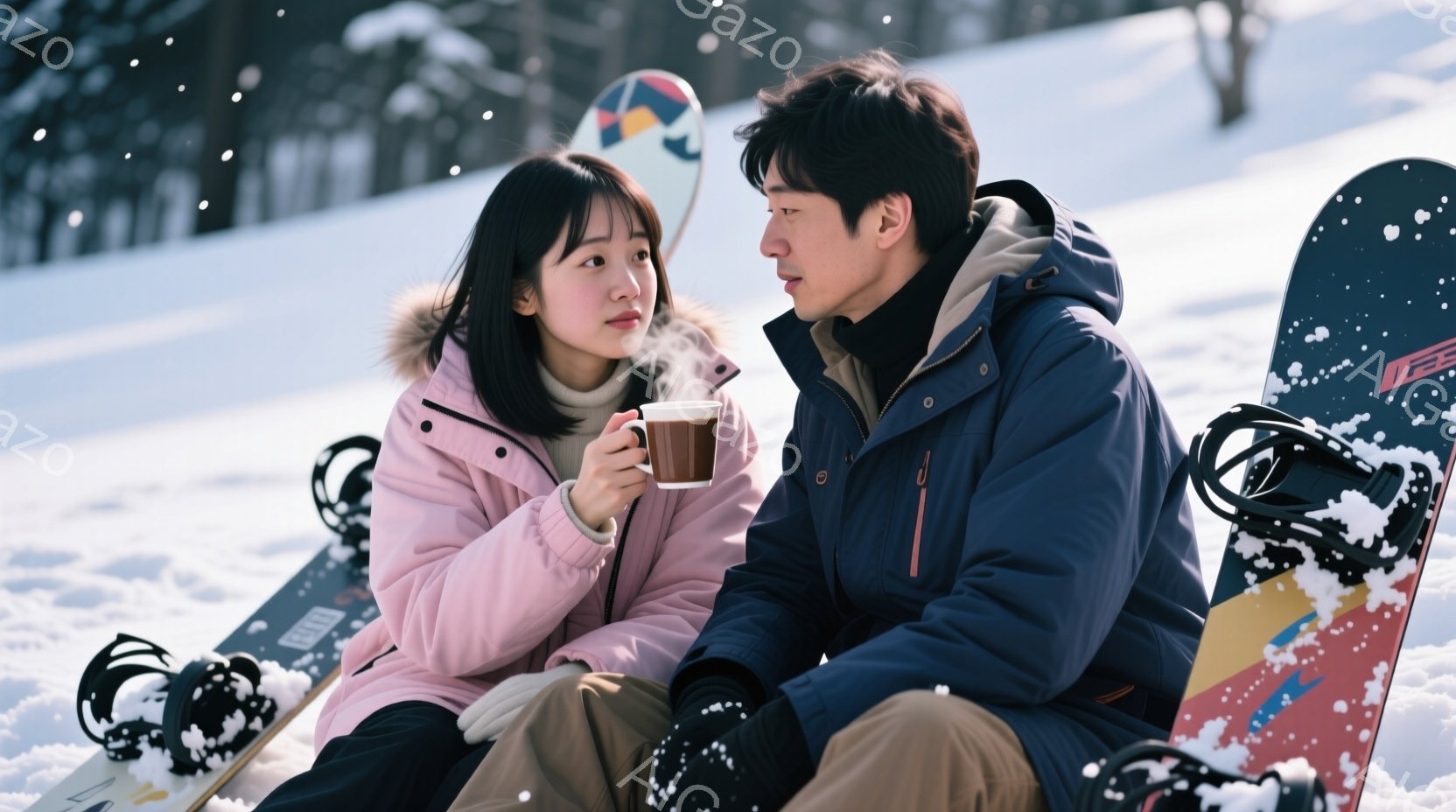 雪景色の中で、若い男女が寄り添って座っている。女性はピンク色のジャケットに黒い髪を肩まで下ろしており、カップから立ち上る湯気に微笑んでいる。男性は濃い青色のジャケットとベージュ色のズボンを着用し、女性の顔を見つめている様子は、温かく穏やかな雰囲気を醸し出している。