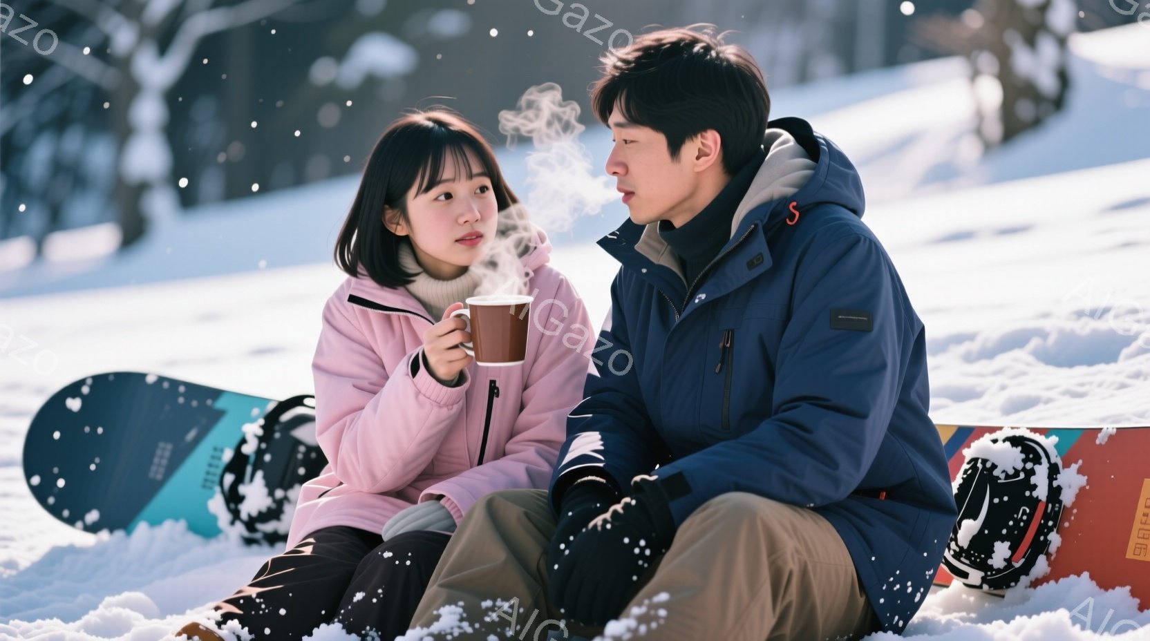 雪景色の中で、若い男女が並んで座っています。女性はピンク色のジャケットに黒いズボン、男性は濃い青色のジャケットにベージュ色のズボンを着用しており、ともに手には湯気の立つカップを持っています。背景にはスキー板やヘルメットが見え、雪が舞う冬のゲレンデで、ほっと一息ついているような温かい雰囲気が漂っています。