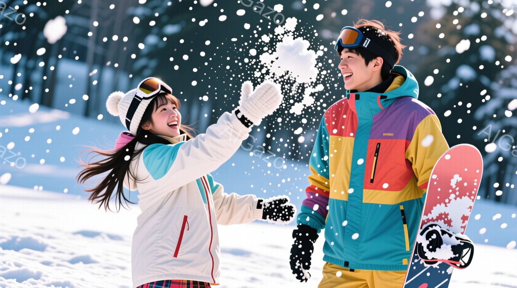 雪が降るスキー場で、若い男女が楽しそうに雪合戦をしている様子が写っています。女性は白いスキーウェアにピンクのライン、黒いニット帽をかぶり、長い髪をなびかせながら笑顔を見せています。男性はカラフルなスキ - AI生成フリー素材