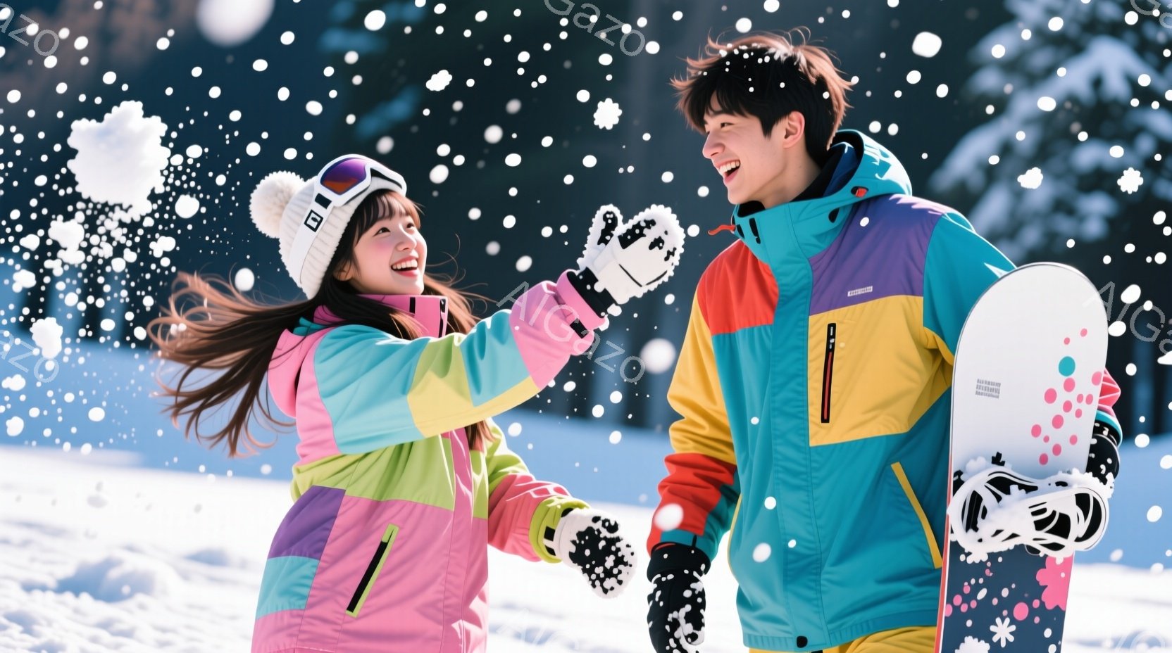 雪が降るスキー場で、若い男女が楽しそうに笑っています。女性はピンクと緑のカラフルなスキーウェアに白いニット帽をかぶり、長い髪を風になびかせながら、男性とハイタッチをしています。男性は水色のスキーウェア - AI生成フリー素材