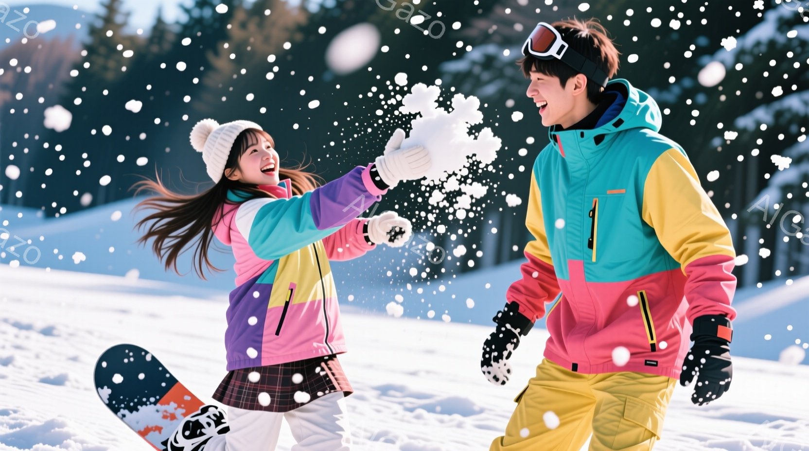 雪景色の中で、若い男女が楽しそうに雪合戦をしている様子が描かれている。女性はピンクと紫のスキーウェアに白い帽子をかぶり、長い髪をなびかせながら雪玉を投げている。男性は黄色とピンクのスキーウェアに黒いゴ - AI生成フリー素材