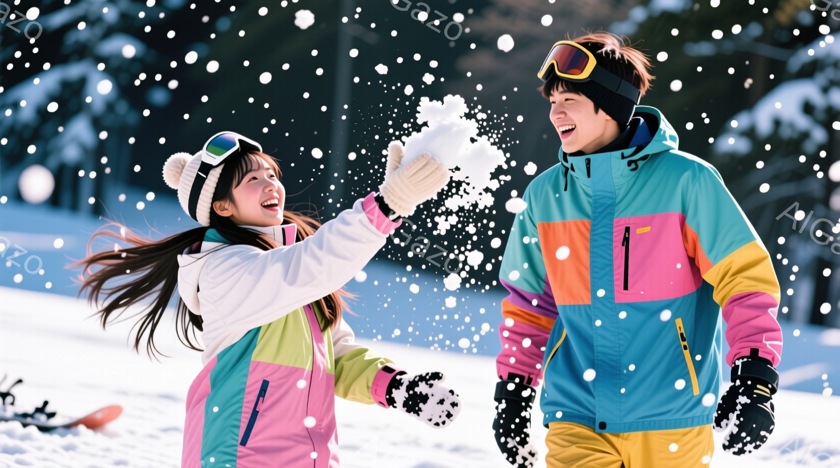 雪景色の中で、若い男女が雪合戦を楽しんでいる様子が写っている。二人は鮮やかなピンク、白、黄色のスキーウェアを身に着け、それぞれ黒い手袋とゴーグルを着用しており、笑顔で雪玉を投げ合っている。背景には雪で - AI生成フリー素材