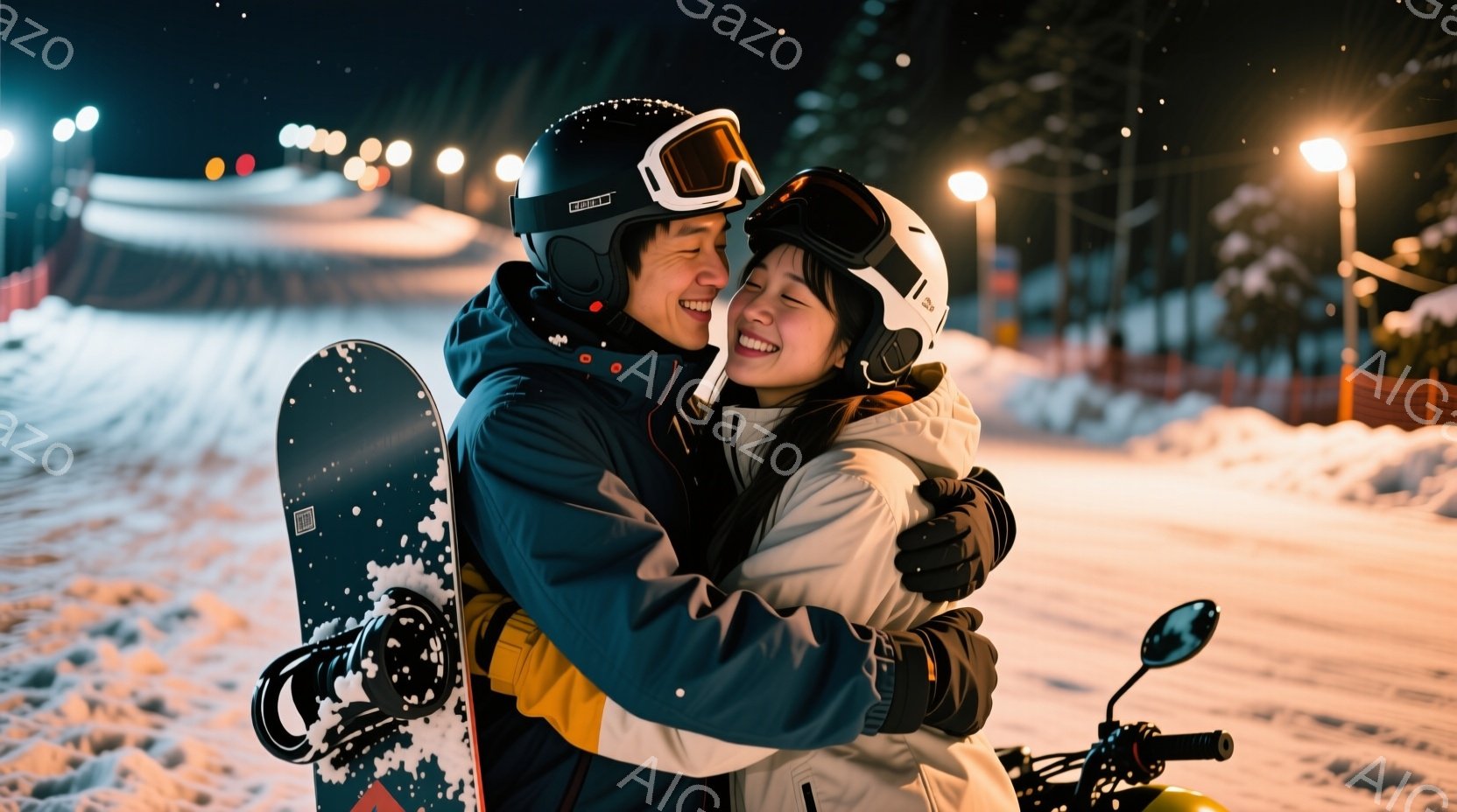 雪の夜、スノーボードを持った男女が抱き合って喜んでいます。男性は黒いヘルメットとゴーグルを着用し、濃い青色のジャケットを着ています。女性は白いヘルメットとゴーグルを着用し、白いジャケットを着ており、背 - AI生成フリー素材