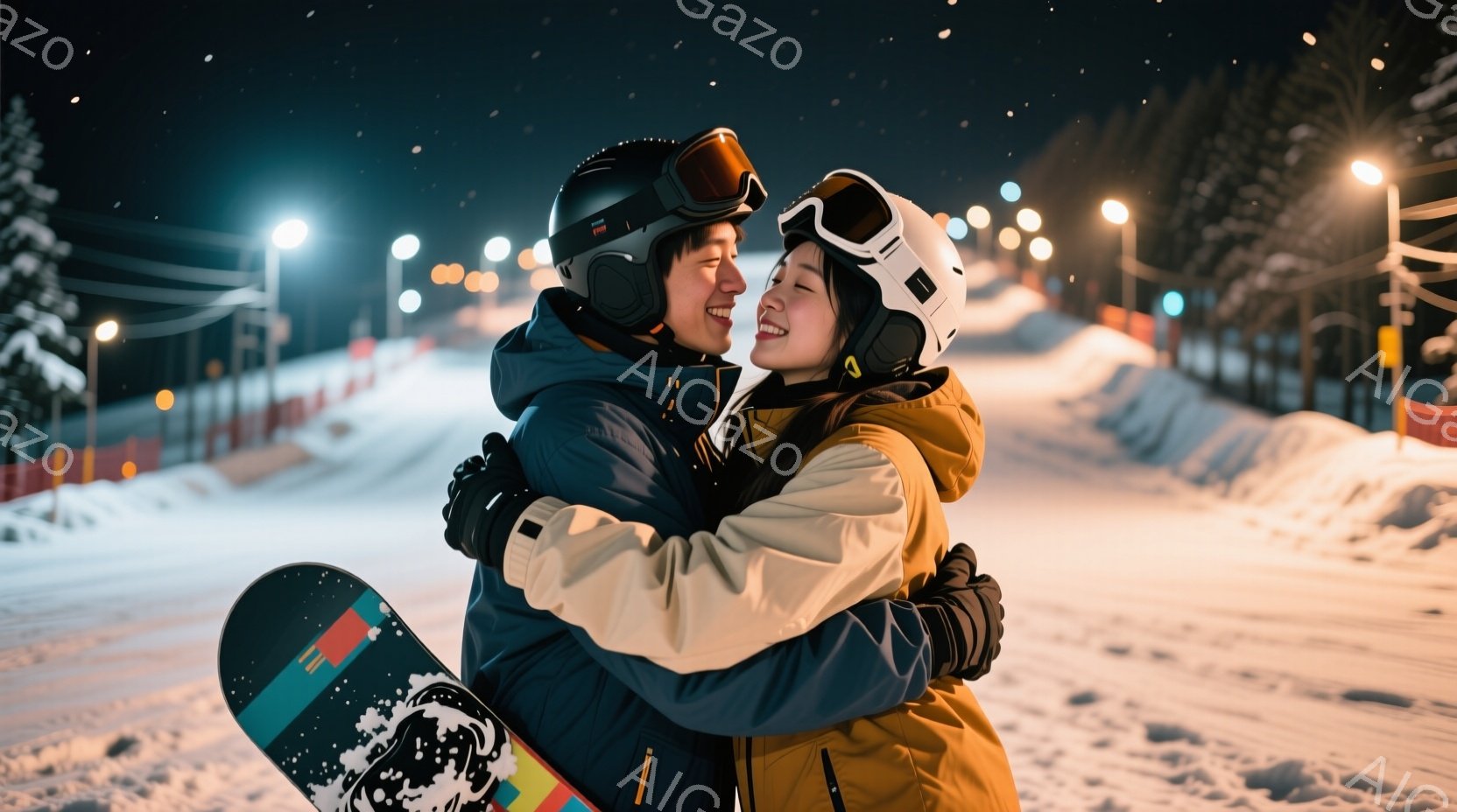 雪景色の中、若い男女が抱き合っている。男性は濃い青色のジャケットに黒いヘルメット、女性は明るいベージュ色のジャケットに白いヘルメットを着用し、明るい笑顔を浮かべている。背景には雪に覆われたゲレンデと、 - AI生成フリー素材