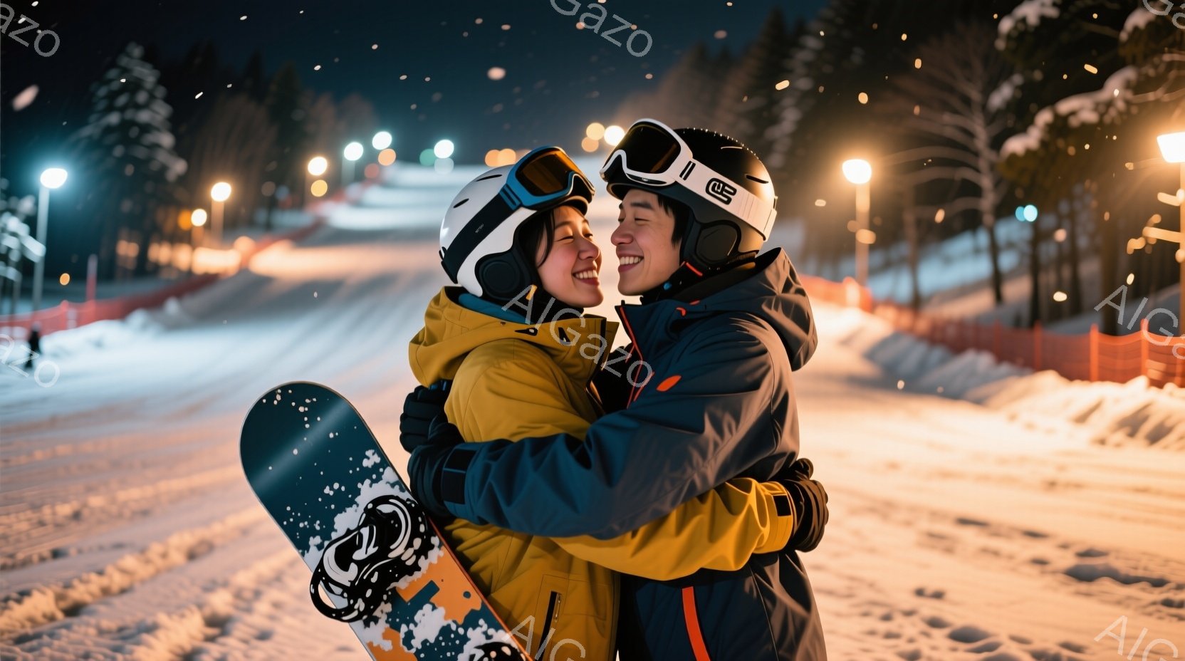 スノーボードを持った若い男女が、雪山で抱き合って笑顔を浮かべている。彼らは防寒性の高いウィンタースポーツウェアとゴーグルを着用し、背景にはライトアップされたスキー場と雪景色が広がる。全体的に暖かく、幸せな雰囲気が漂っている。