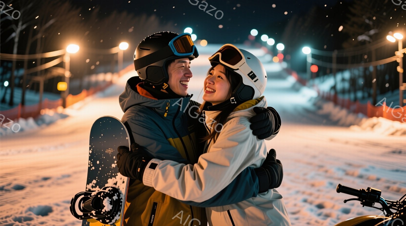スノーボードウェアとヘルメットを着用した若いカップルが雪の中で抱き合っています。男性は青と黄色のウェア、女性は白いウェアを着ており、顔はヘルメットとゴーグルで覆われていますが、笑顔が伝わってきます。背景には雪に覆われたゲレンデと、ぼんやりと見える照明のある建物があり、夜間の暖かく幸せな雰囲気を醸し出しています。