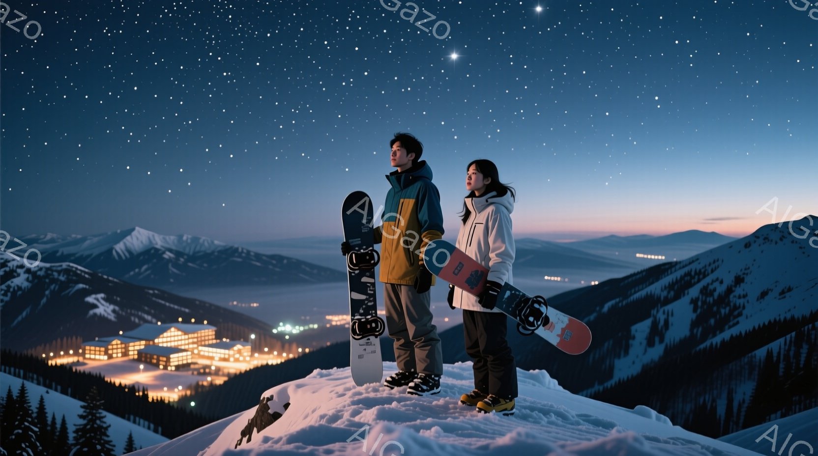 スノーボードを抱えた男女が、雪山の頂上に立っている。男性はダークカラーのジャケット、女性は白いジャケットを着ており、どちらもカジュアルな服装で、寒さ対策をしている様子が伺える。背景には、街の明かりと雪 - AI生成フリー素材