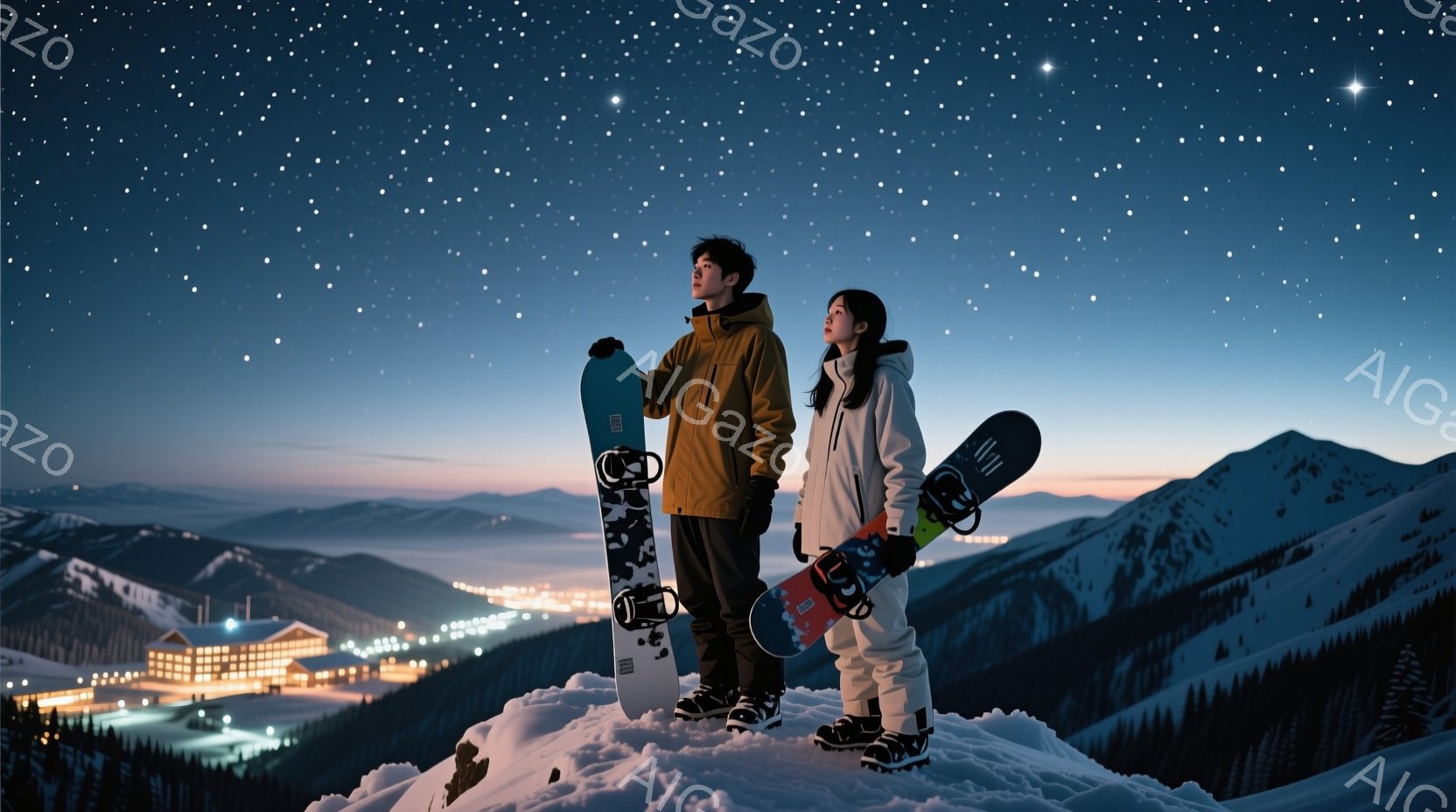 雪山の頂上に、ボードを持った男女が立っている。男性は迷彩柄のジャケットと黒いズボンを着用し、女性は白いジャケットとズボンを着用しており、どちらもブーツを履いている。背景には、ライトアップされた建物と雪 - AI生成フリー素材