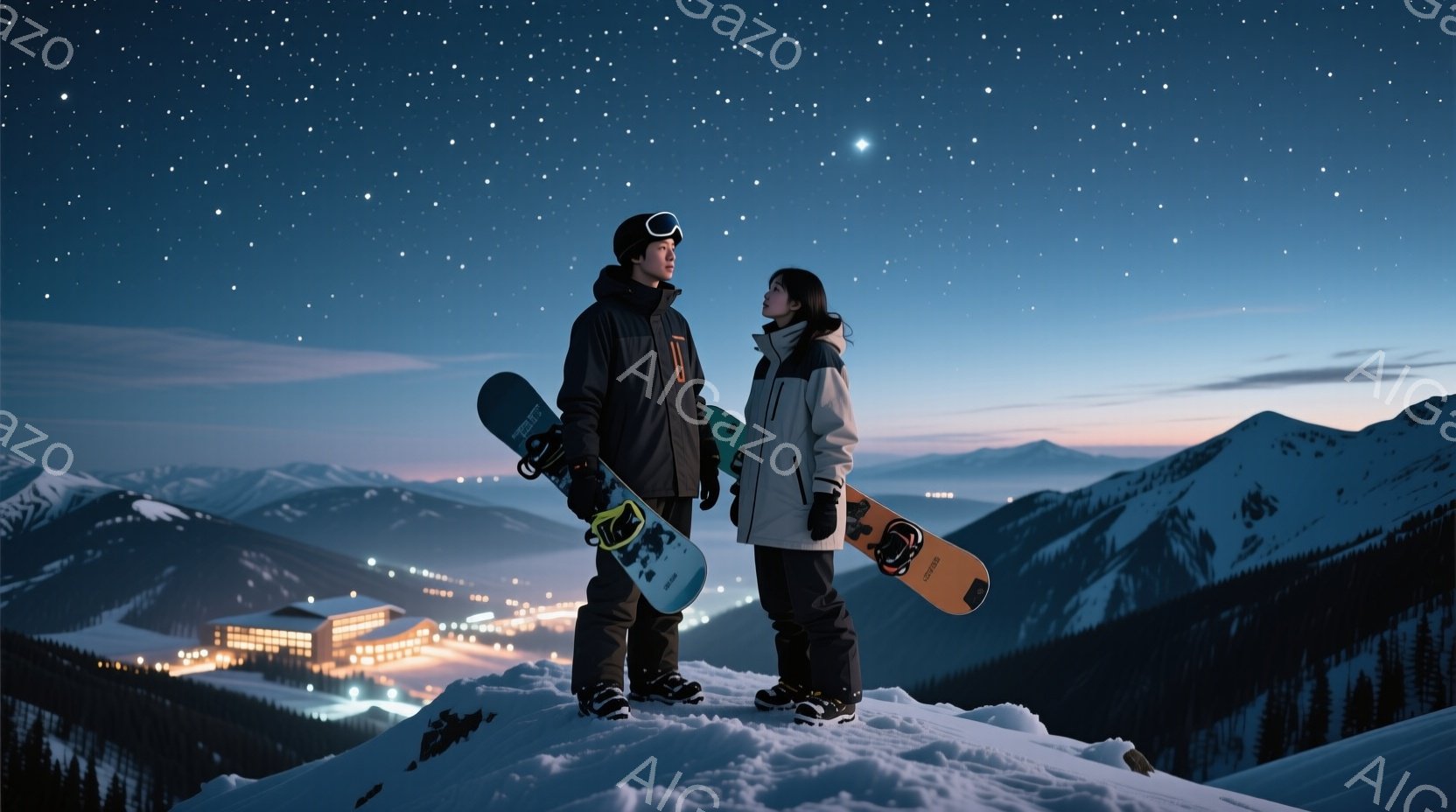 雪山を背景に、スノーボードを持った男女が立っている。男性は黒のウィンタースーツとニット帽を被り、女性は白いジャケットと黒のズボンを着用している。背景にはライトアップされた建物と雪に覆われた山々が広がり、夜空には星が輝いている。