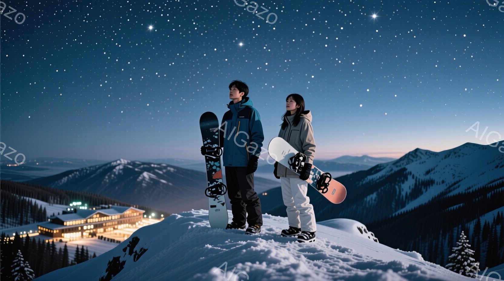 雪山の上で、ボードを持った若い男女が立っている。男性は濃い青色のジャケットと黒いズボンを着用し、短い黒髪に整髪されている。女性は薄い灰色のジャケットと白いズボンを着用し、長い髪を後ろで束ねている。二人 - AI生成フリー素材