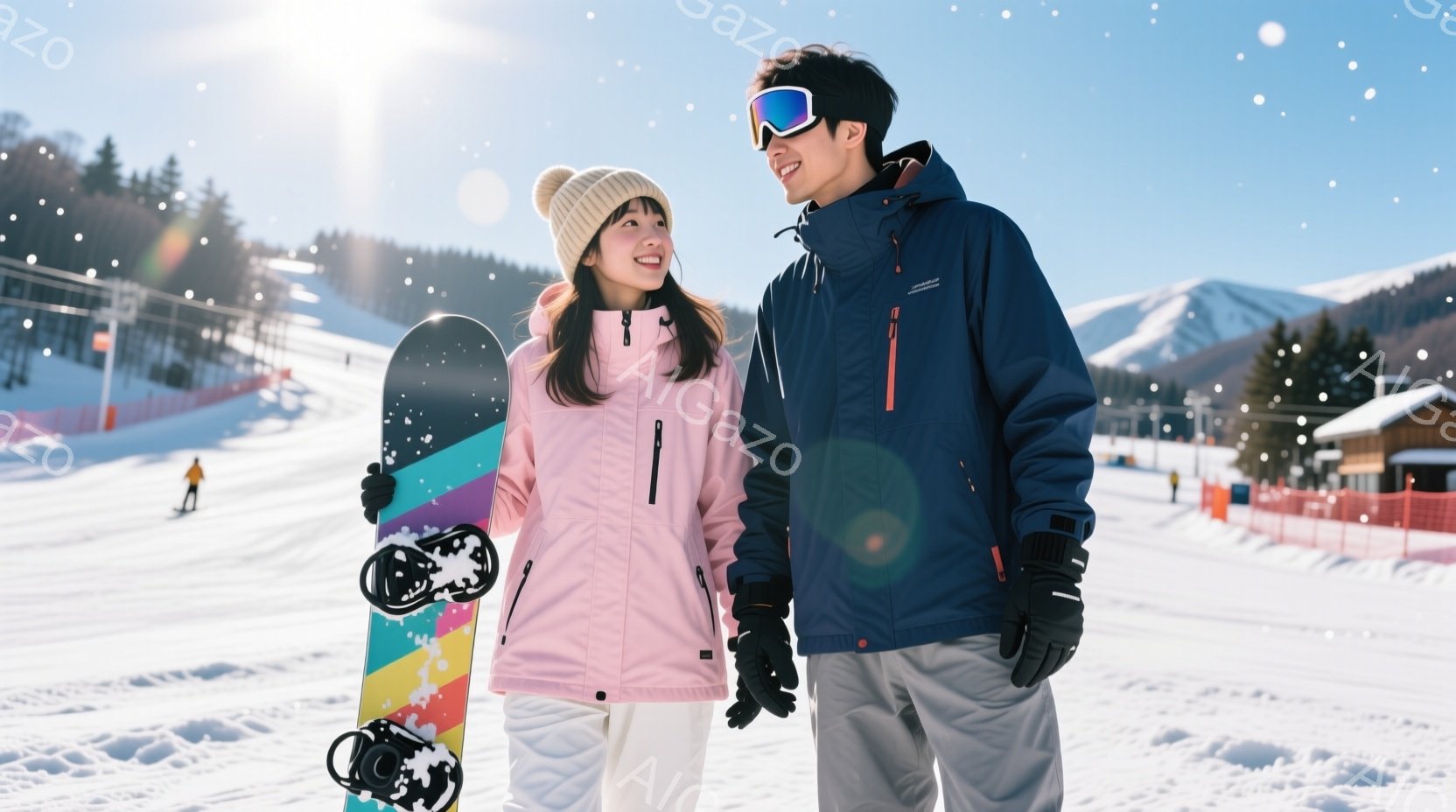 雪山を背景に、若い男女がスノーボードを持って立っています。女性はピンクのジャケット、白いズボン、ニット帽を着用し、笑顔でボードを見下ろしています。男性は紺色のジャケット、灰色のズボン、ゴーグルを着用し - AI生成フリー素材