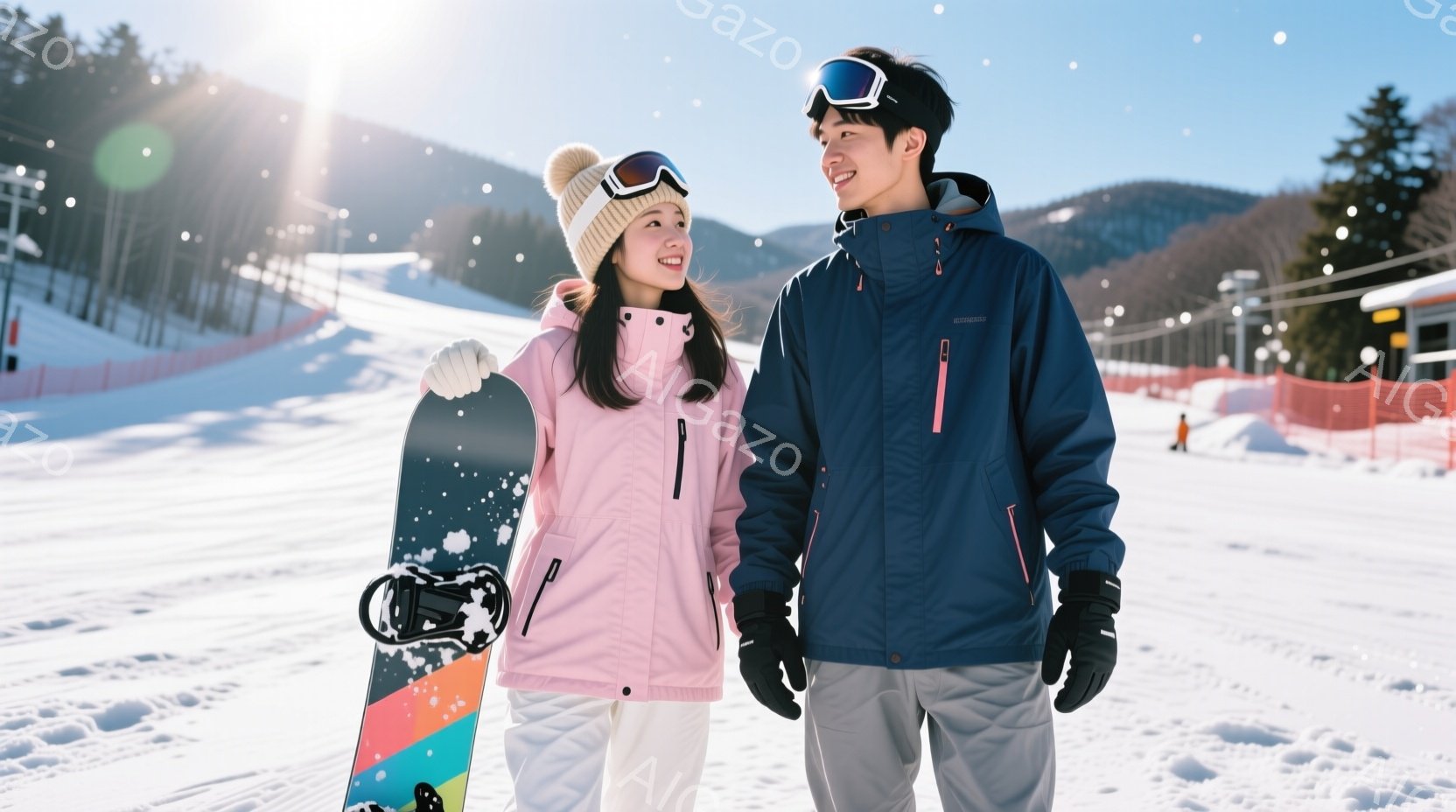 雪山を背景に、若い男女が寄り添って立っています。女性はピンク色のウィンタージャケットに白いズボン、頭にはニット帽を被り、明るい笑顔を浮かべています。男性は紺色のウィンタージャケットと灰色のズボンを着て - AI生成フリー素材