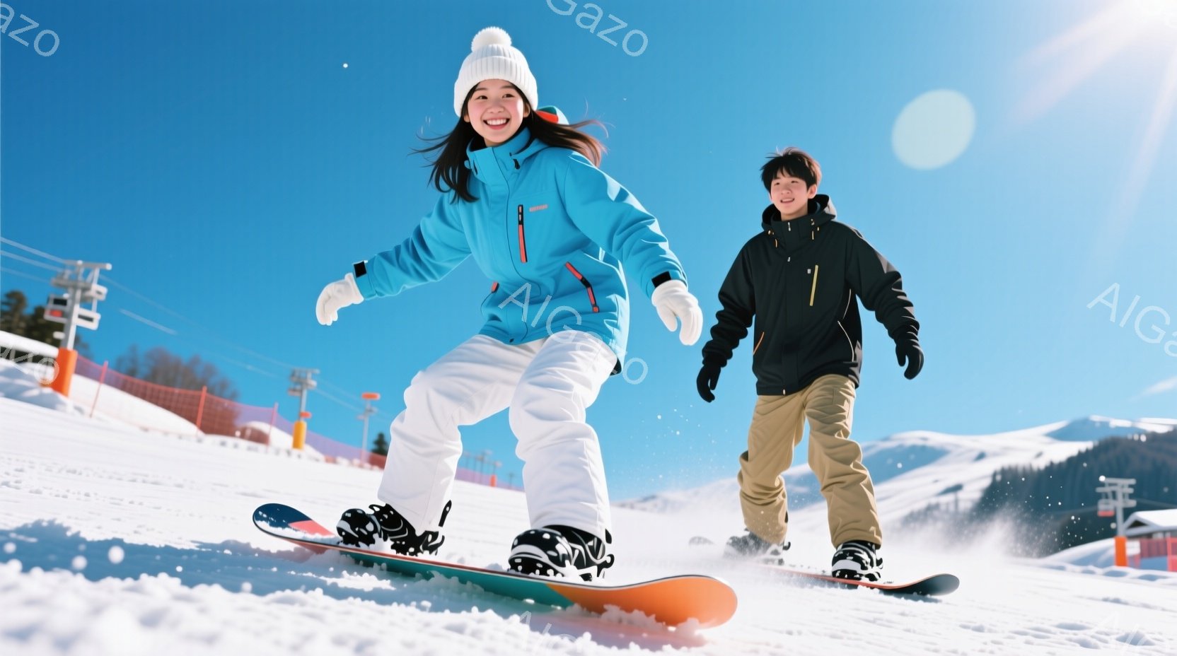 雪山をスノーボードで滑っている若い男女が写っています。女性は青いジャケットと白いズボン、帽子を着用し、笑顔で前に体を乗り出しています。男性は黒いジャケットとベージュのズボンで、少し緊張した表情で滑っています。