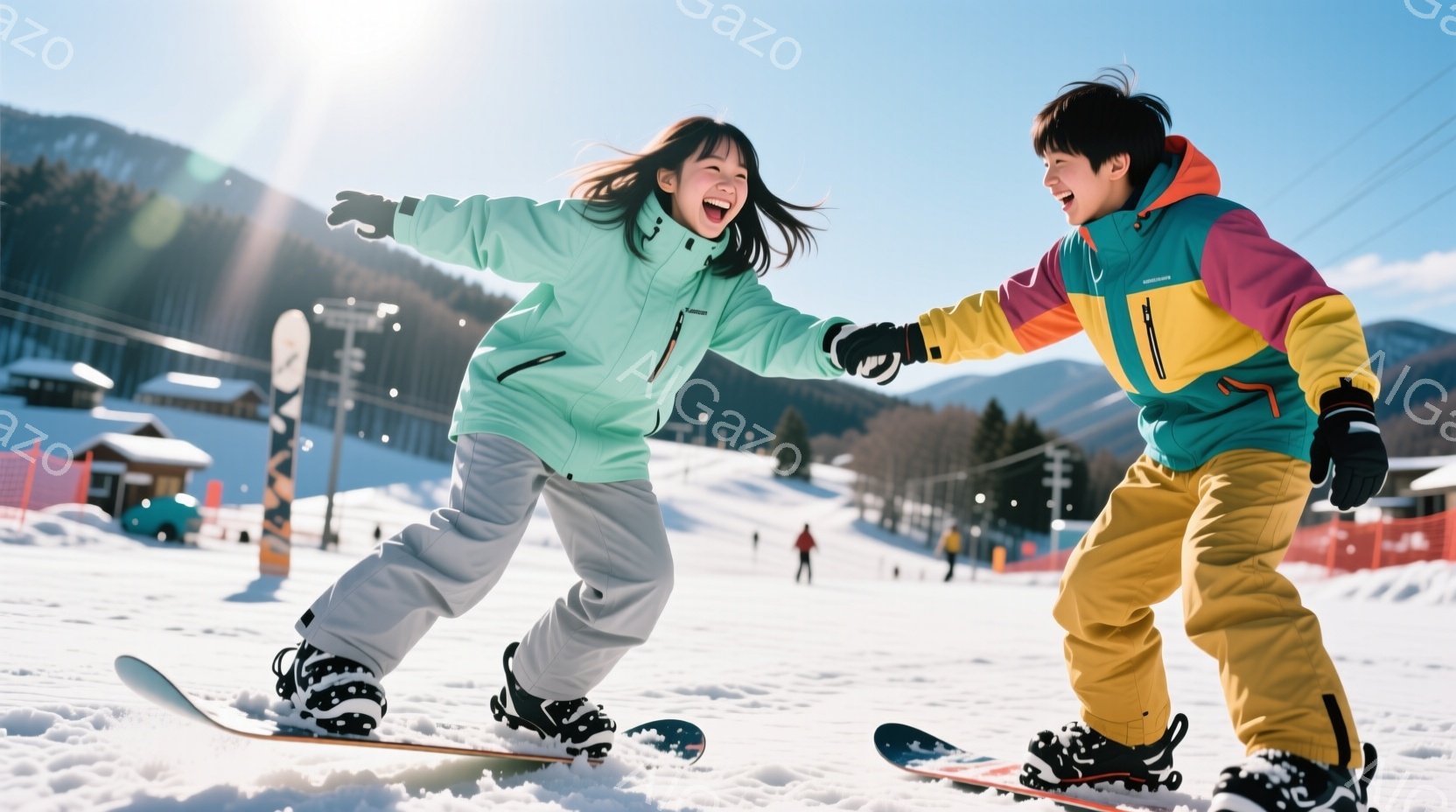 雪山をスノーボードで滑っている若い女性と男性が写っています。女性は明るい緑色のジャケットとグレーのズボンを着用し、髪を後ろで結んでいます。男性は、黄色と緑色の組み合わせのジャケットとズボンを着用し、二 - AI生成フリー素材