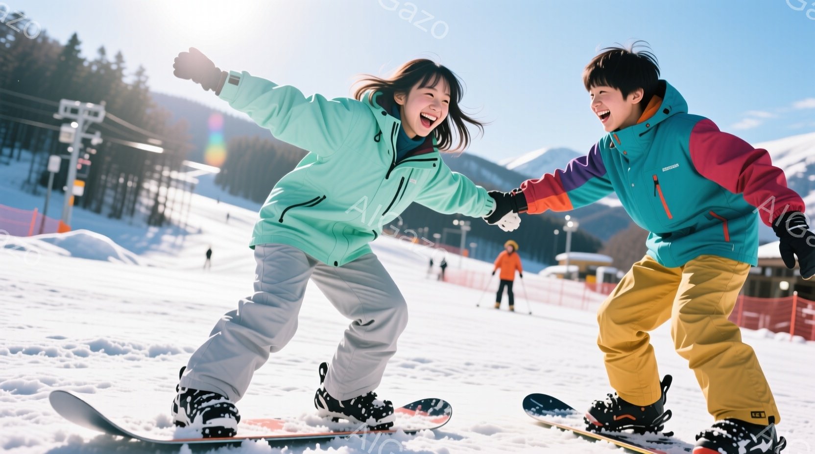 雪山を背景に、少年少女がスノーボードを楽しんでいる様子が写っている。少女は薄緑色のジャケットと灰色のズボンを身につけ、髪を後ろで一つにまとめ、満面の笑みを浮かべている。少年は鮮やかな色のジャケットと黄 - AI生成フリー素材