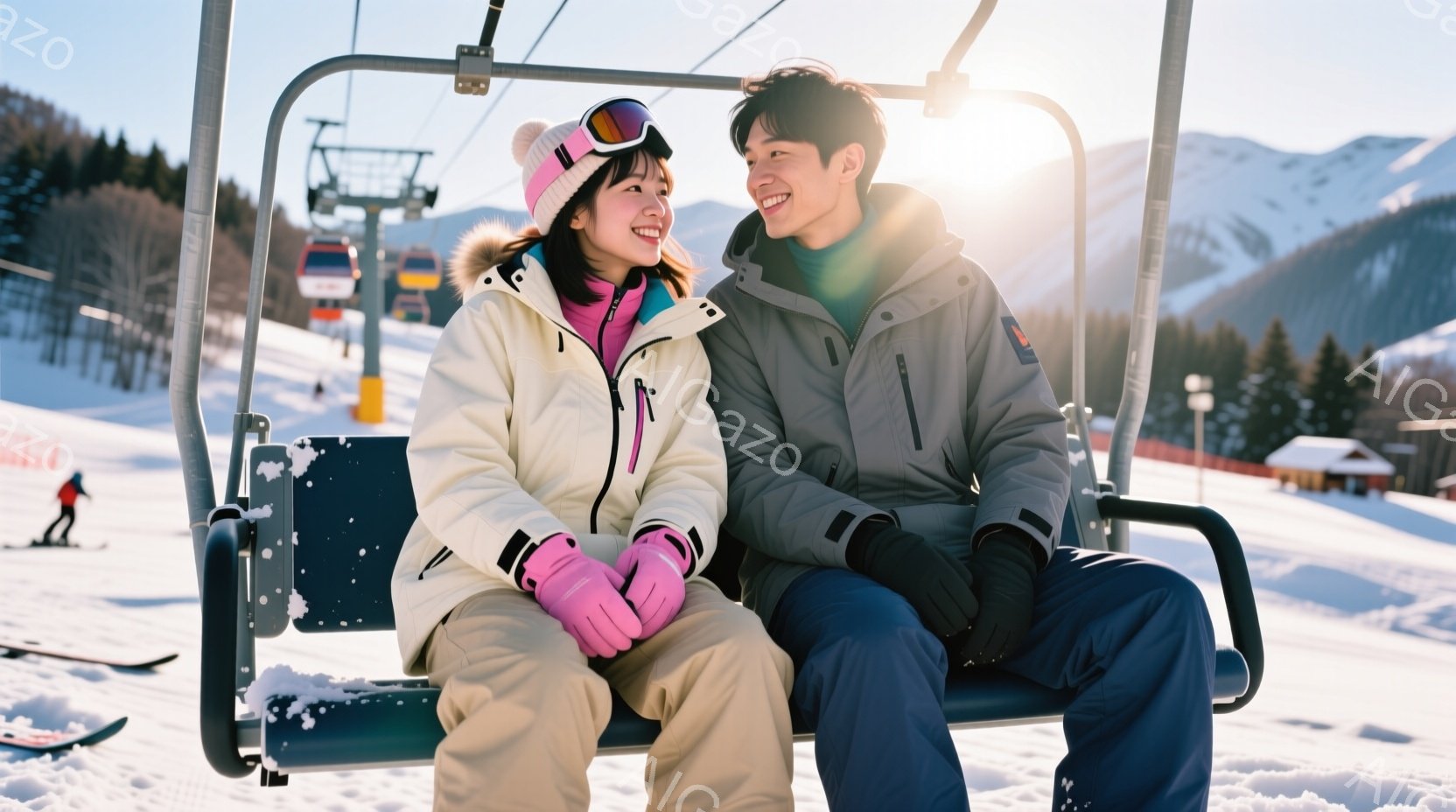 リフトに乗っている若い男女が写っています。女性はピンクのニット帽とゴーグルをつけ、明るい笑顔を浮かべ、ベージュのスキーウェアとピンクのミトンを着用しています。男性は黒のニット帽をかぶり、グレーのスキーウェアを着て、女性の方を見て微笑んでいます。背景には雪山とスキー場施設が見え、晴天で雪が輝いています。