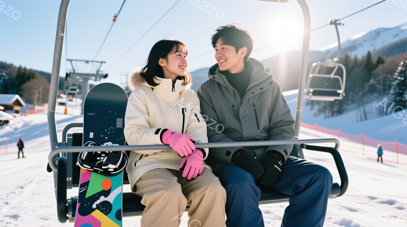 スキーリフトに乗っている若い男女が写っています。女性は白のスキーウェアにピンクのグローブを着用し、髪は後ろでまとめています。男性は黒のスキーウェアを着ており、二人とも笑顔で楽しそうに見えます。背景には雪山とスキー場施設が見え、晴天で雪が輝いていることから、冬のスキーを楽しんでいる様子が伝わってきます。
