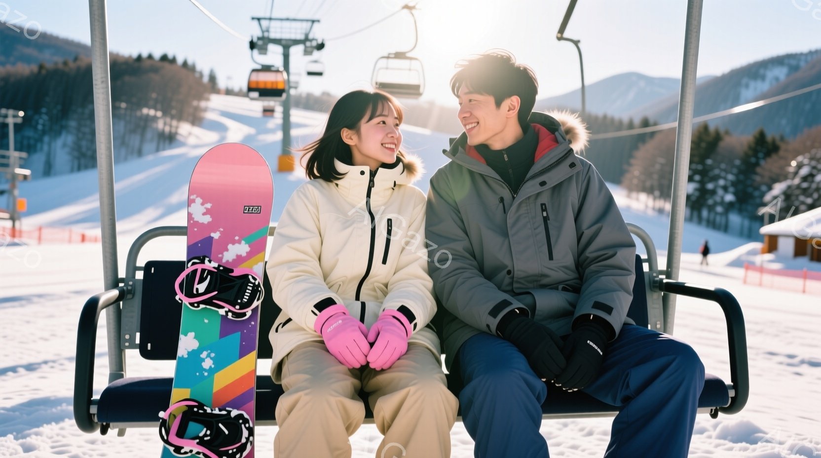 雪山でリフトに乗っている若い男女が写っています。女性は白いダウンジャケットにピンクのグローブと帽子を着用し、髪を後ろで一つにまとめています。男性はグレーのジャケットに黒い手袋を着用し、女性の方を見て笑顔を浮かべており、リフトの座席には女性のスノーボードが立てかけられています。