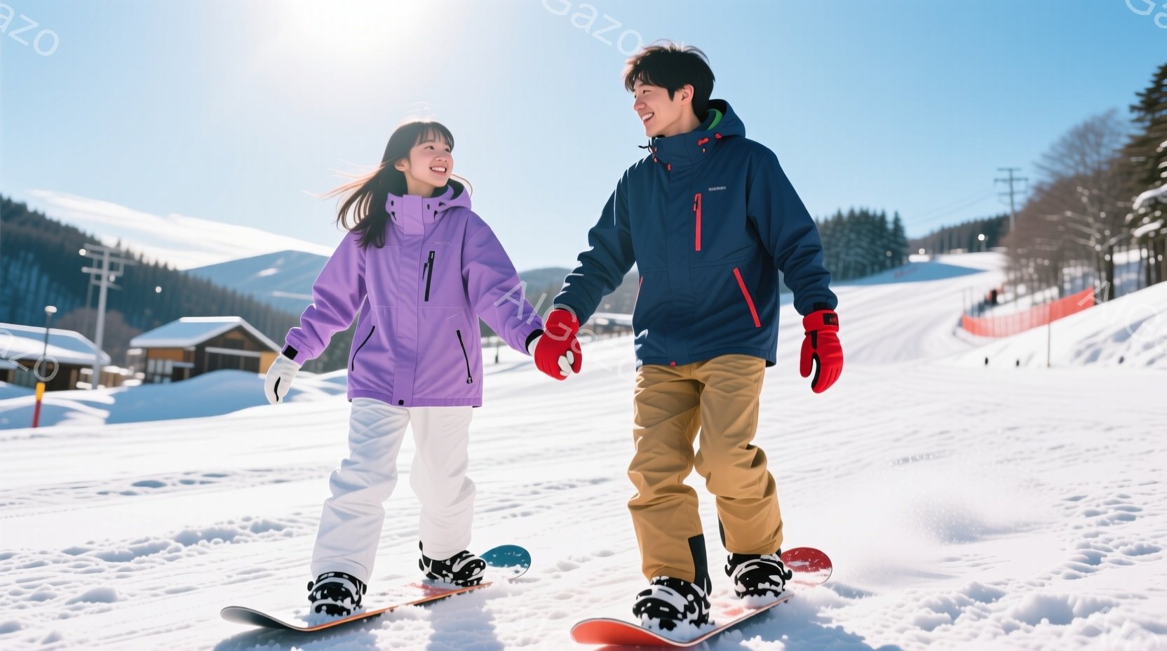 雪山を男女が手をつないで歩いている写真です。女性は紫色のジャケットと白いズボンを着用し、男性は紺色のジャケットとベージュ色のズボンを着用しています。背景には雪に覆われた山々と建物が見え、晴天の空が広がっており、暖かい雰囲気を感じさせます。