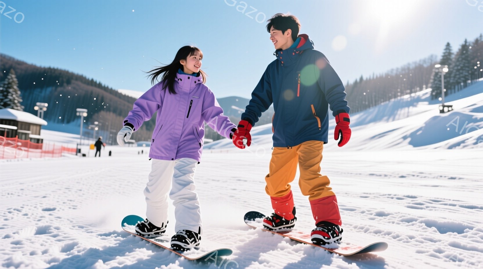 スノーボードウェアを身に着けた若い男女が、雪原で手をつないで滑っている様子が写っています。女性は紫色のジャケットと白いズボン、男性は青色とオレンジ色のウェアを着用しており、ともに笑顔を見せています。背 - AI生成フリー素材