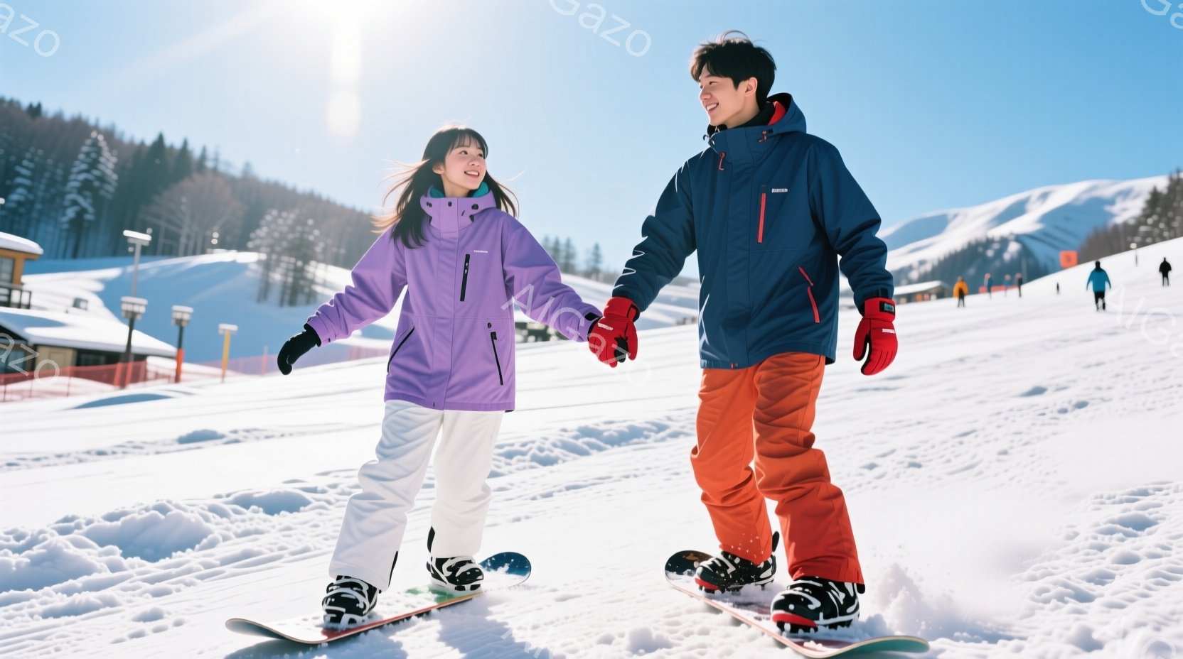 スキー場で若いカップルが手をつないで歩いている様子が写っています。女性は紫色のスキーウェアに白いズボン、男性は紺色のスキーウェアにオレンジ色のズボンを着用しており、どちらもスキー板を履いています。背景 - AI生成フリー素材