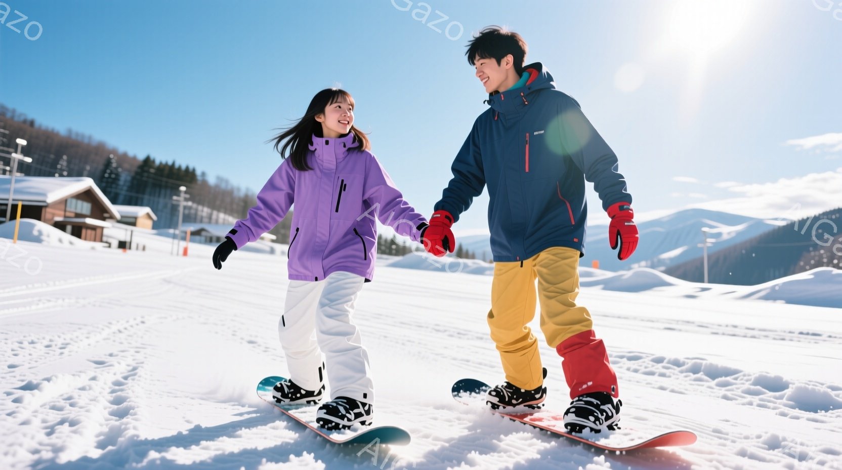 雪山を背景に、若い男女がスノーボードで滑っている様子が写っている。女性は紫色のジャケットに白いズボン、男性は濃い青色のジャケットに黄色のズボンを着用しており、それぞれスノーボードに乗って手をつないでいる。晴天で雪景色が広がり、背景には木々と建物が見え、楽しげな冬の雰囲気が漂っている。