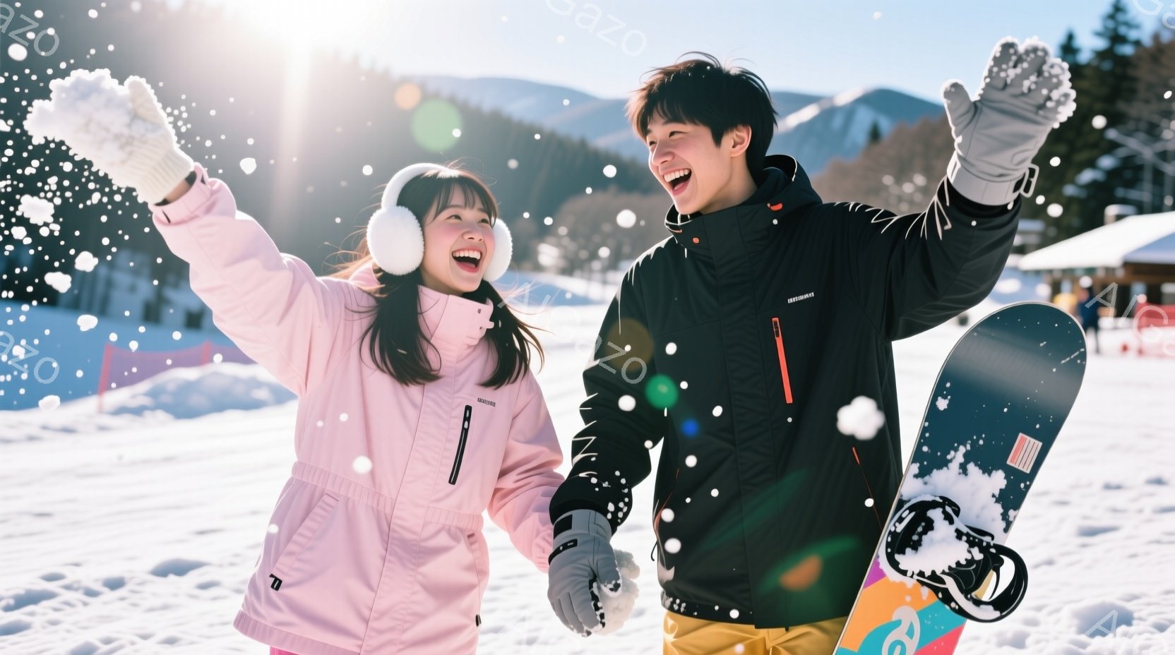 雪が舞うスキー場で、若い男女が笑顔でポーズをとっています。女性はピンクのウィンタージャケットに耳当てをつけており、茶色の長い髪を外に出しています。男性は黒のウィンタージャケットに黄色のズボンを着用し、 - AI生成フリー素材